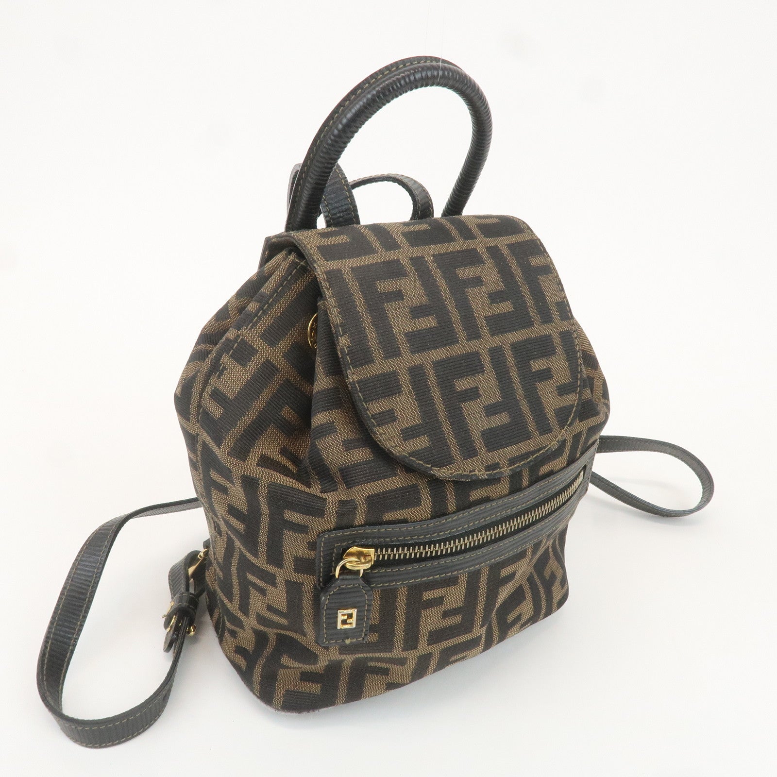 FENDI Zucca Canvas Leather Mini Back Pack Ruck Sack Brown Black