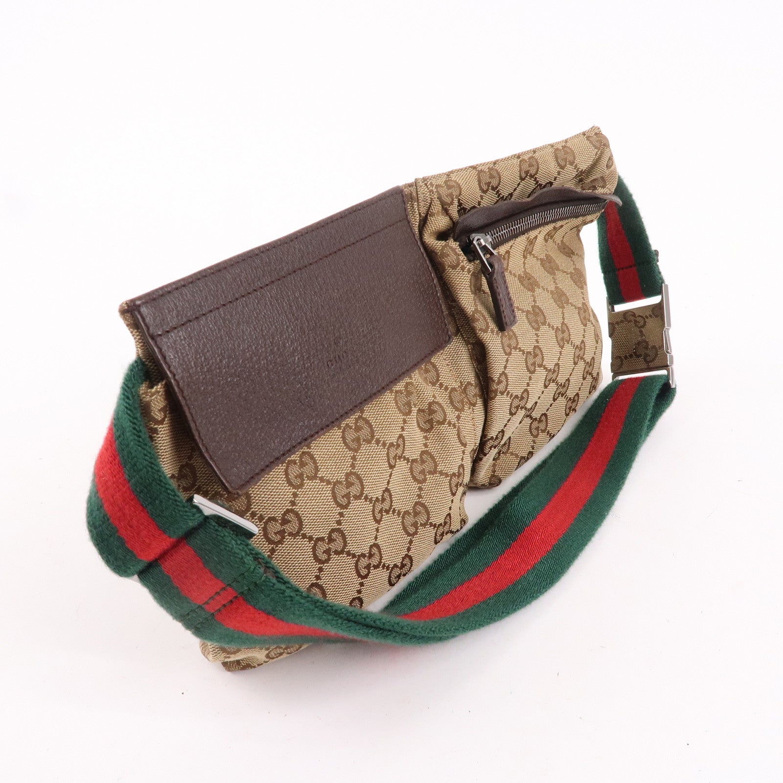 GUCCI Sherry GG Canvas Leather Waist Bag Beige Brown 28566