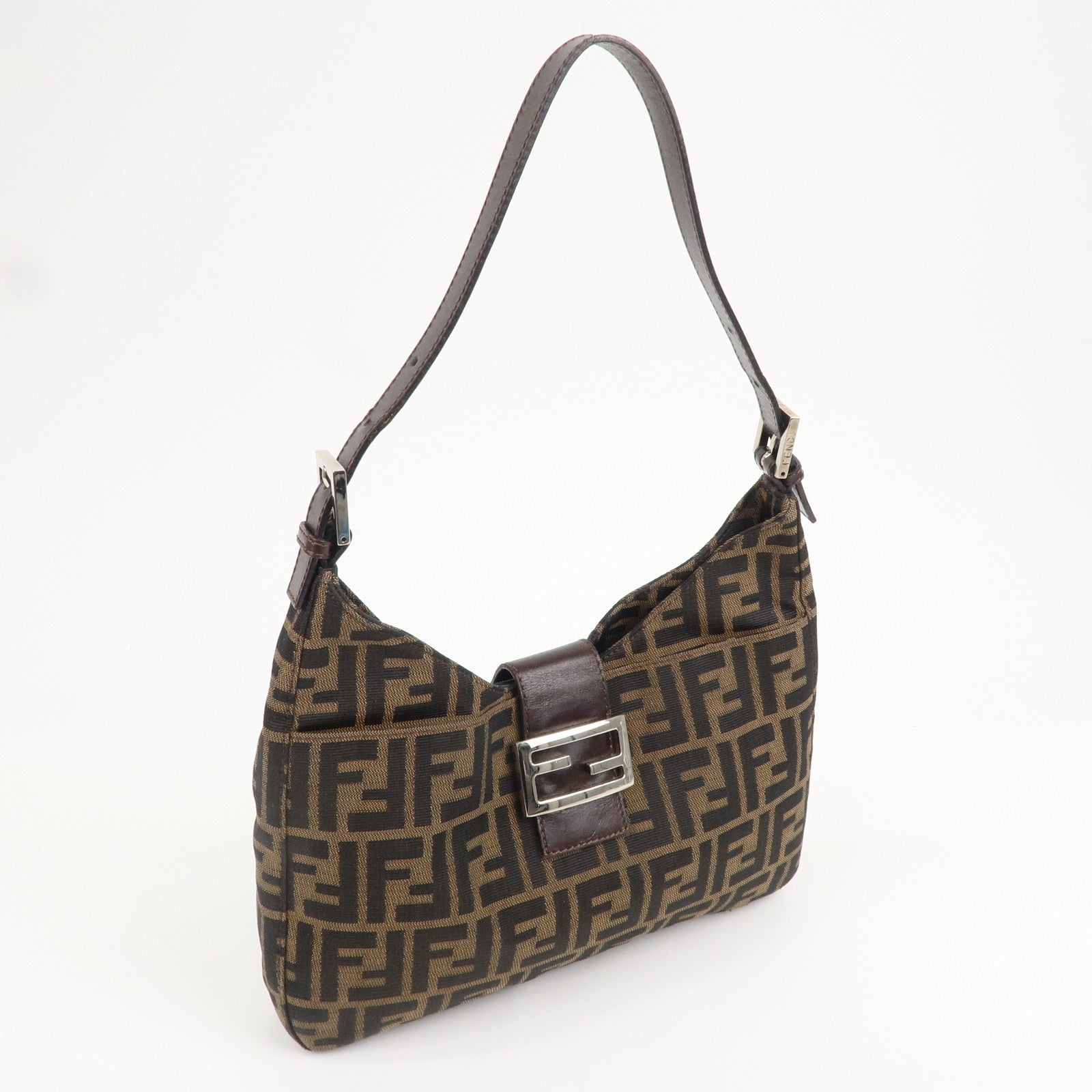 FENDI Zucca Canvas Leather Shoulder Bag Brown Black 26569