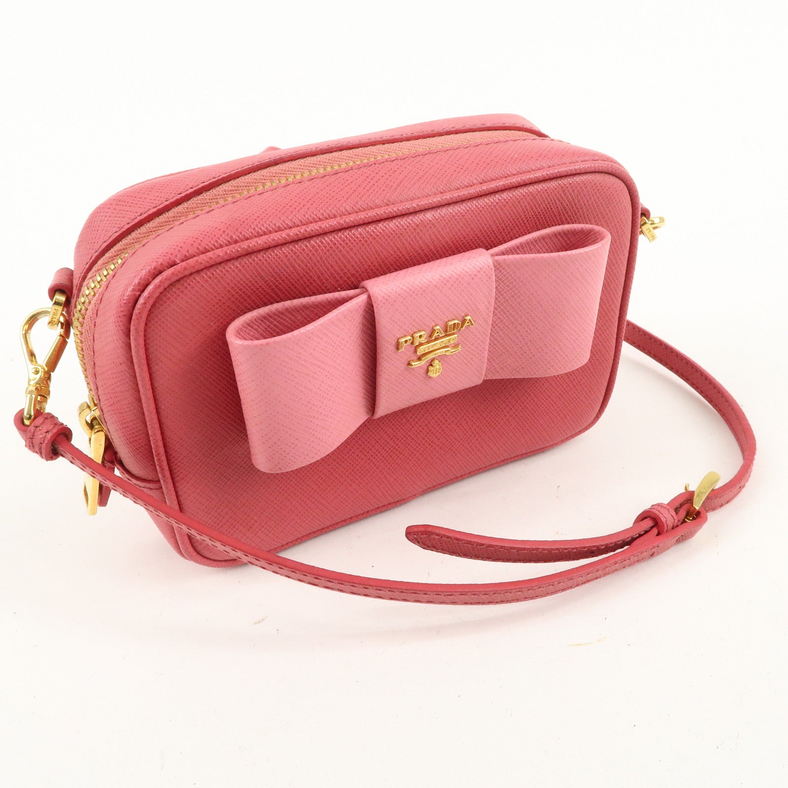 PRADA Logo Saffiano Leather Ribbon Shoulder Bag Pink 1N1674