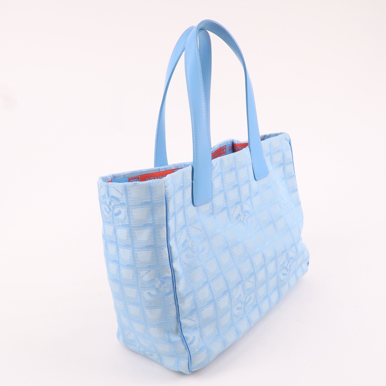 CHANEL New Travel Line MM Nylon Jacquard Leather Tote Light Blue