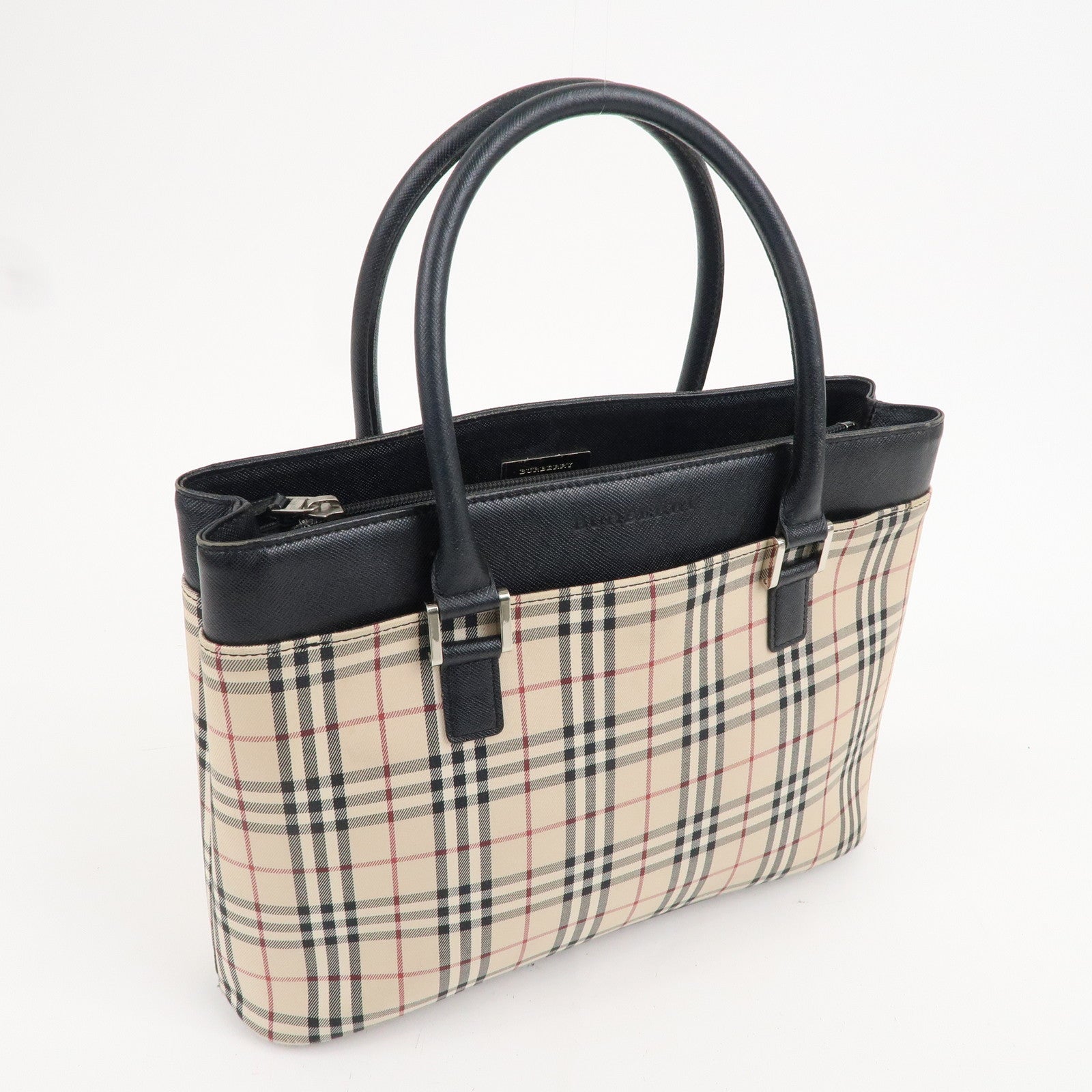 BURBERRY Nova Plaid Canvas Leather Hand Bag Beige Brown