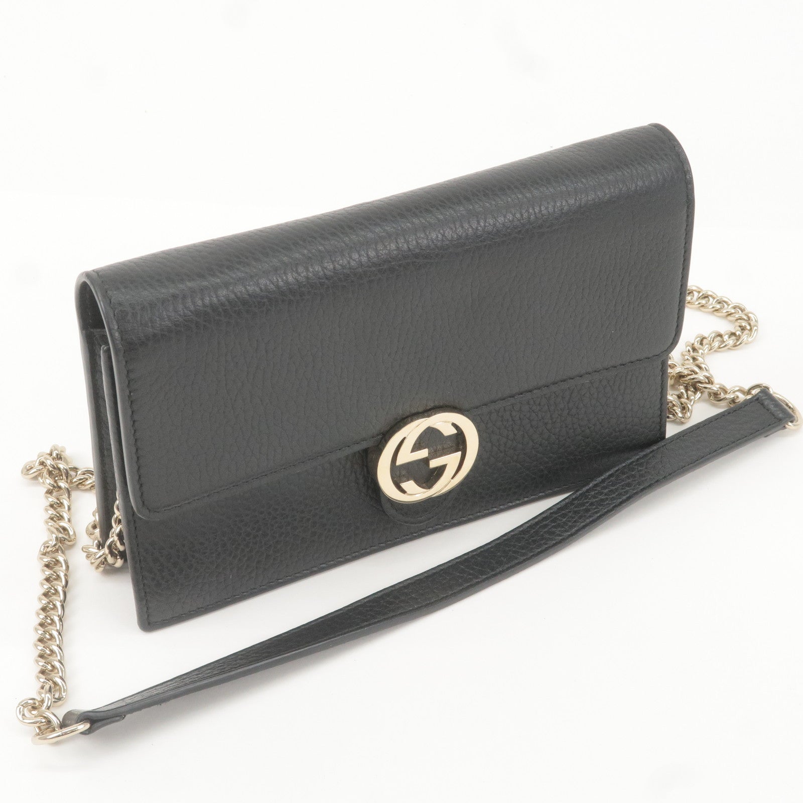 GUCCI Interlocking G Leather Chain Wallet WOC Black 510314