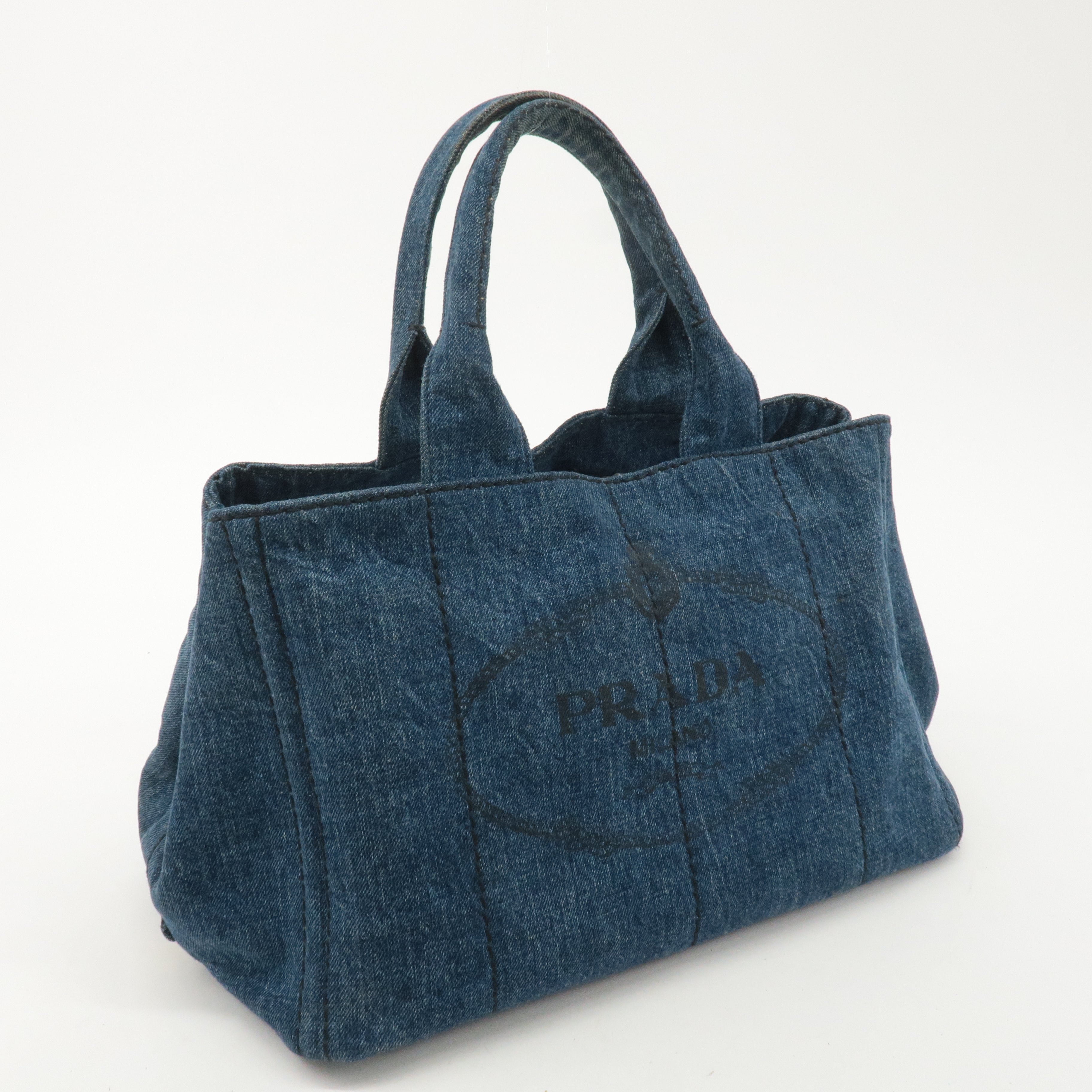 PRADA Logo Canapa Large Denim Tote Bag Hand Bag Blue B1872B