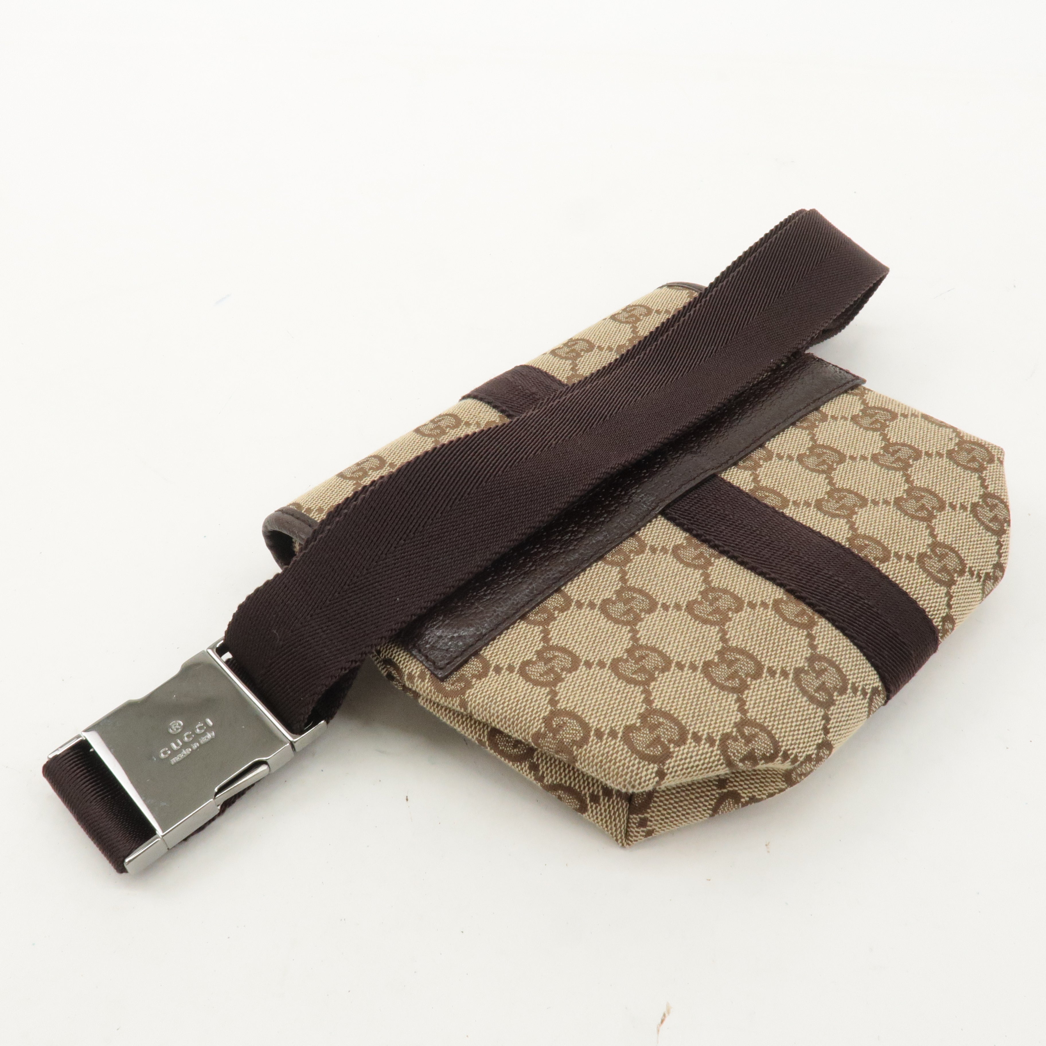 GUCCI GG Canvas Leather Waist Bag Body Bag Beige Brown 121336