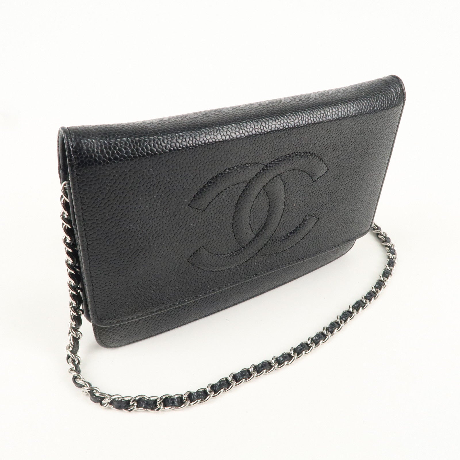 CHANEL Coco Mark Caviar Skin Chain Wallet WOC Black A48654