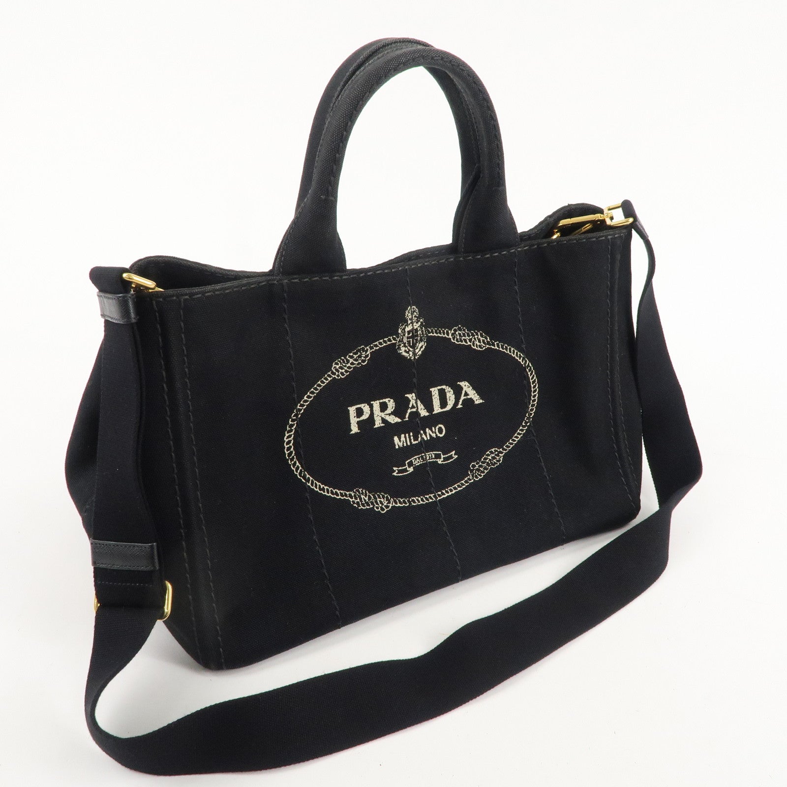 PRADA Logo Canapa Canvas 2way Hand Bag Black 1BG642