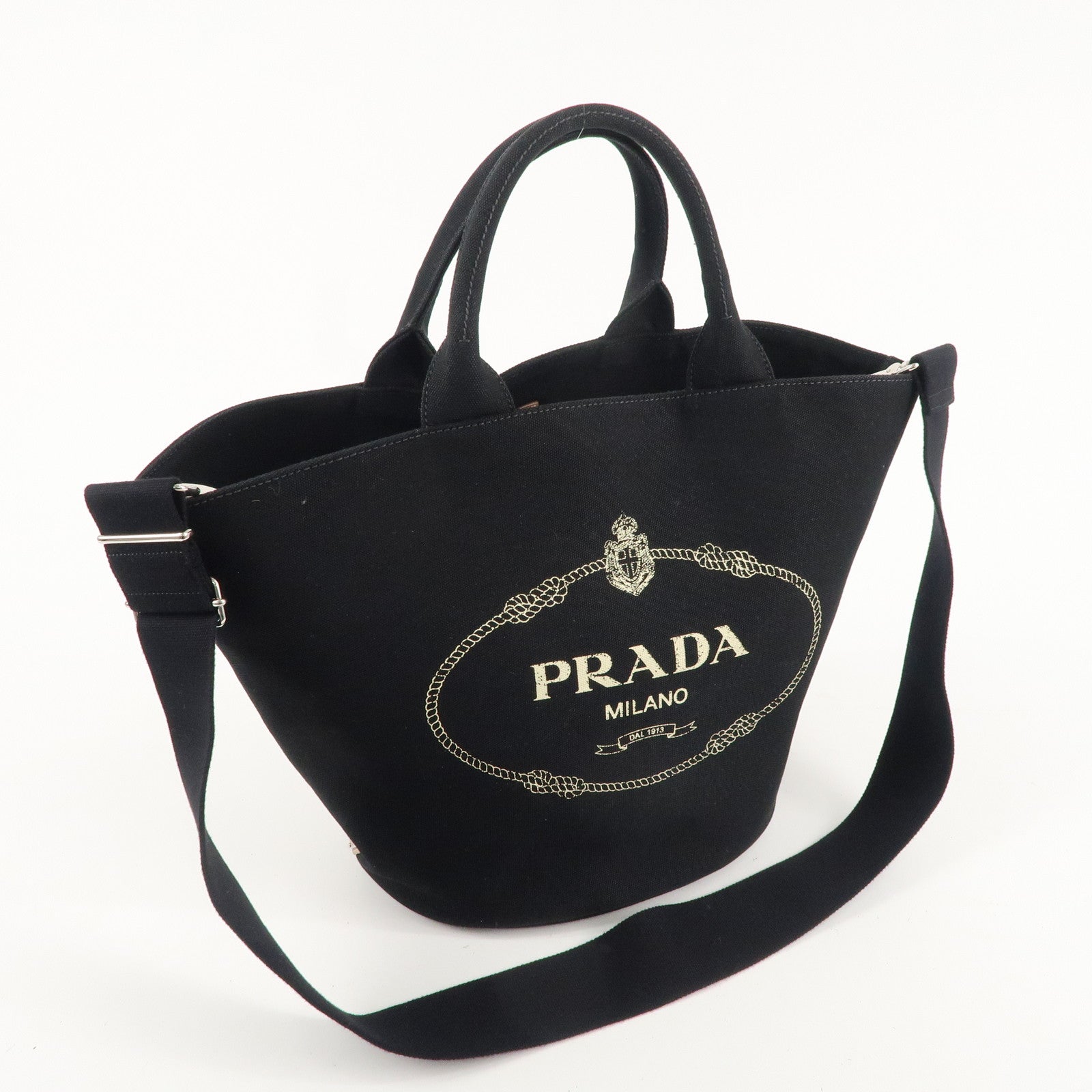 PRADA Logo Canapa Canvas Leather 2Way Bag Tote Bag Black 1BG163