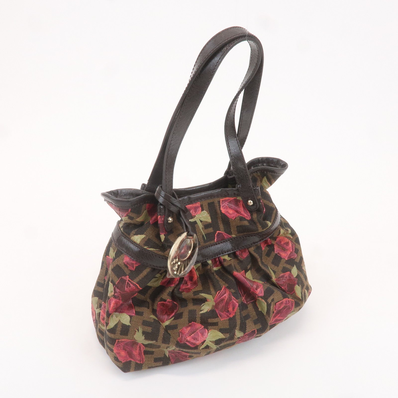 FENDI Zucca Canvas Leather Rose Print Hand Bag Brown Black 8BH212