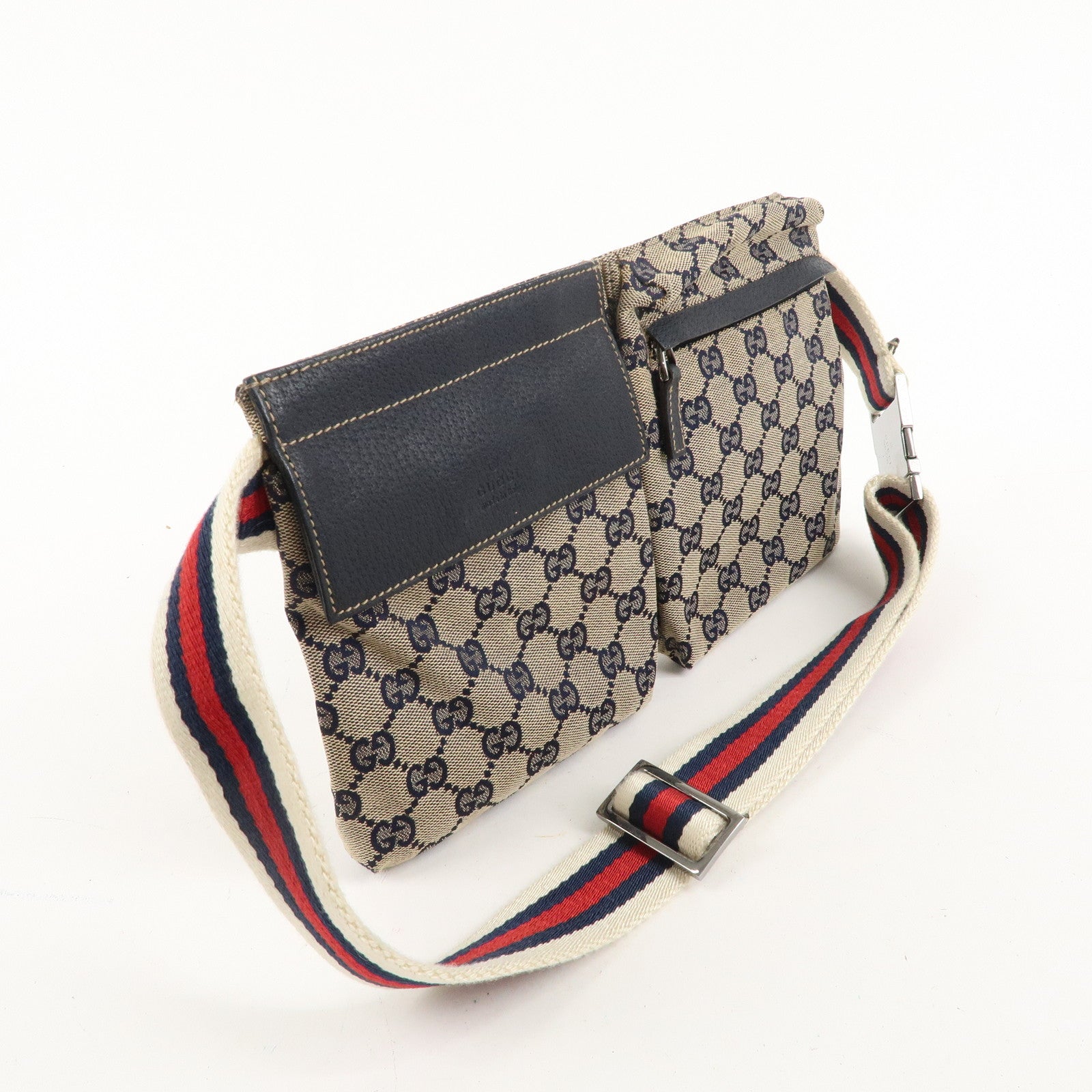 GUCCI Sherry GG Canvas Leather Waist Bag Beige Navy 28566