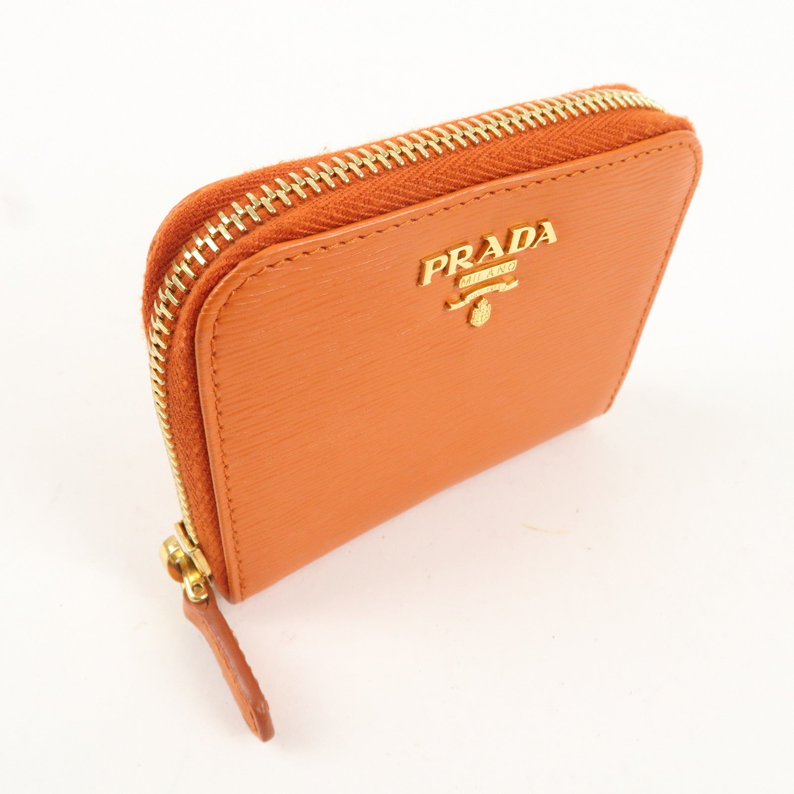 PRADA Saffiano Leather Round Zipper Coin Case Orange