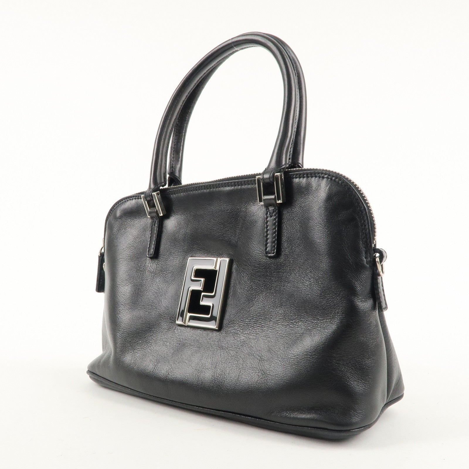 FENDI FF Logo Leather Hand Bag Silver HDW Black 15563