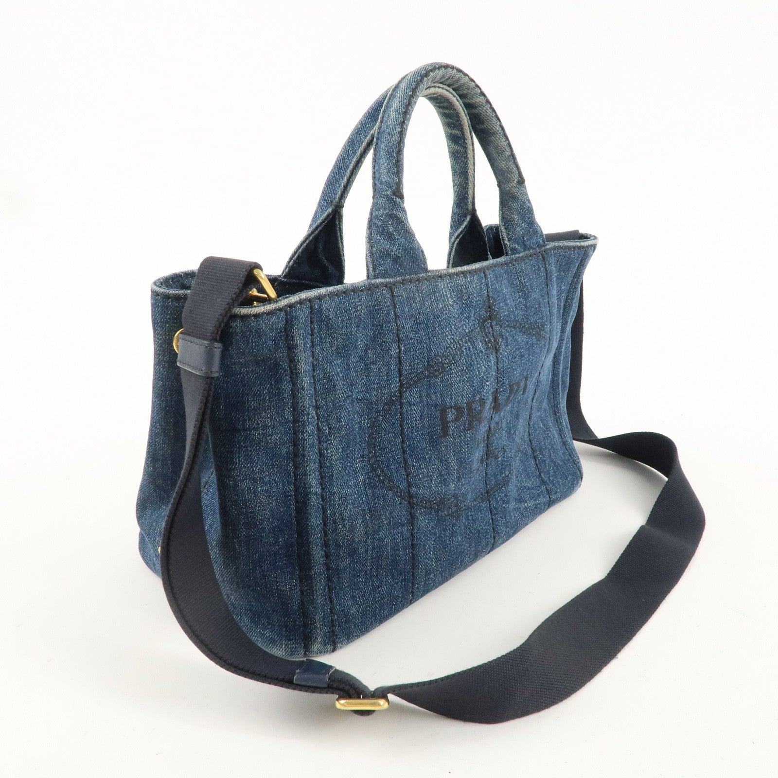 PRADA Logo Canapa Mini Denim 2Way Bag Hand Bag Navy B2439G