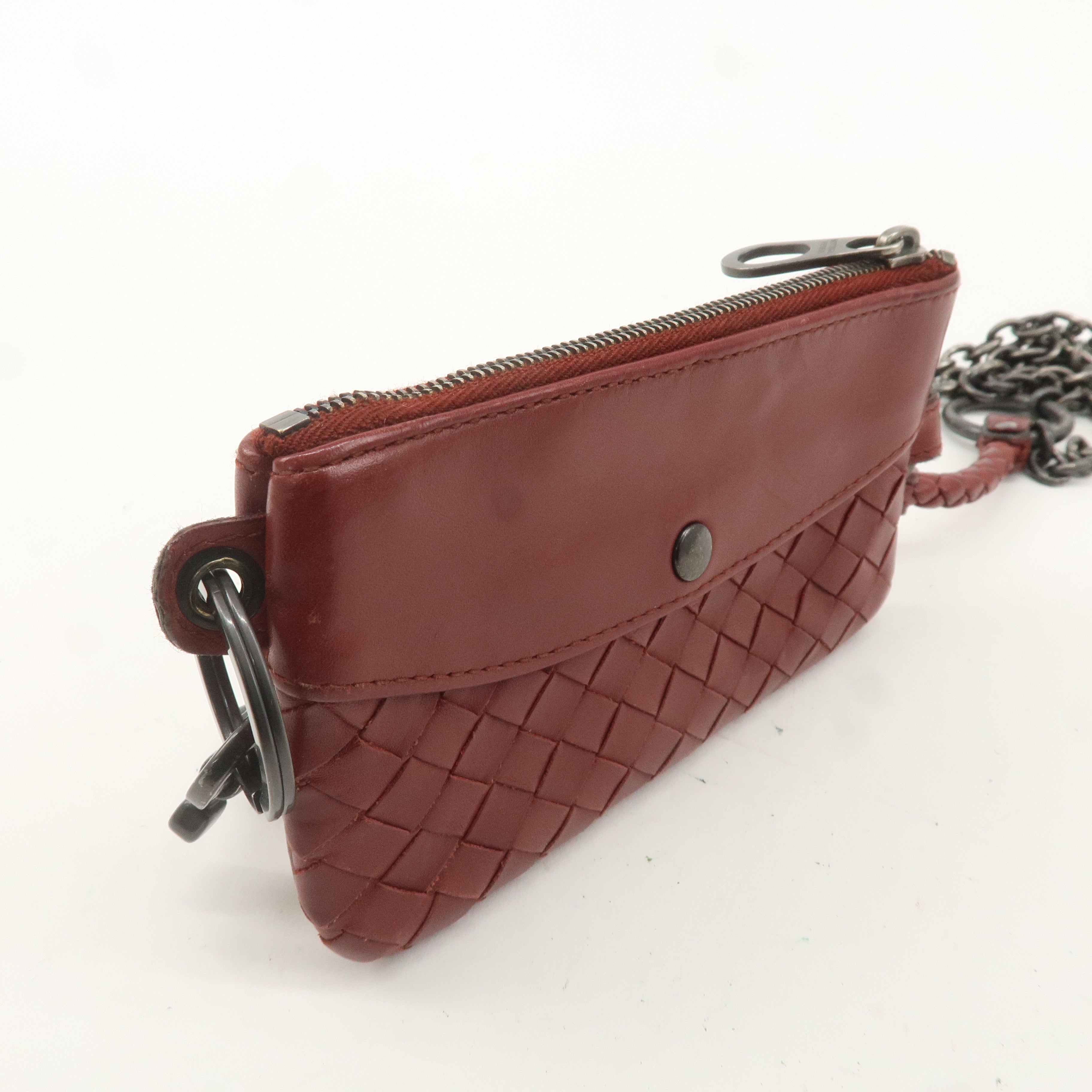 BOTTEGA VENETA Intrecciato Leather Chain Coin Case Pouch Red