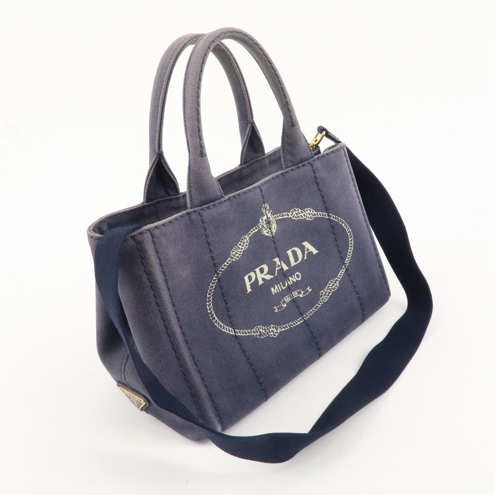 PRADA Logo Canapa Mini Canvas 2Way Bag Hand Bag Navy 1BG439