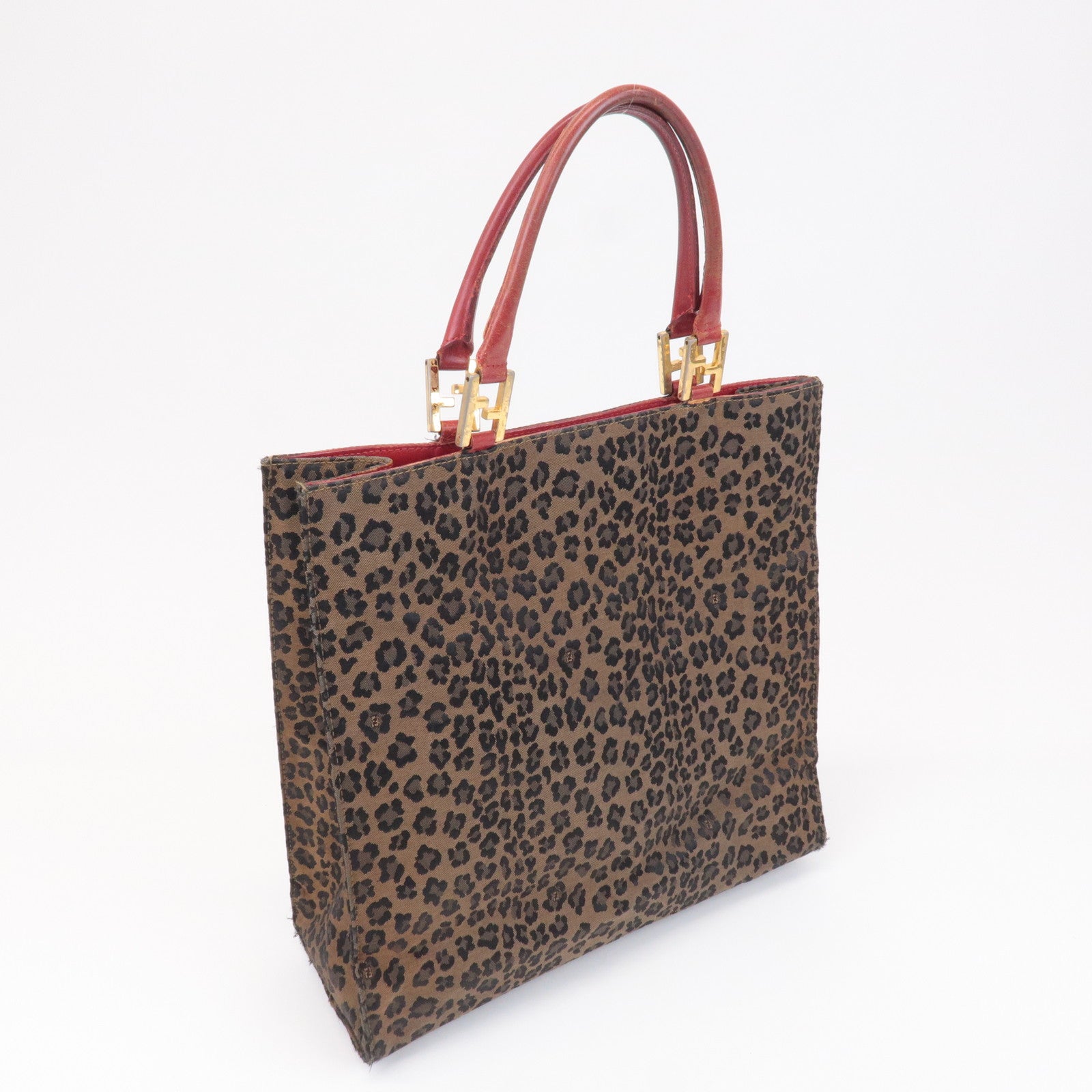 FENDI Canvas Leather Leopard Tote Bag Hand Bag Brown Red