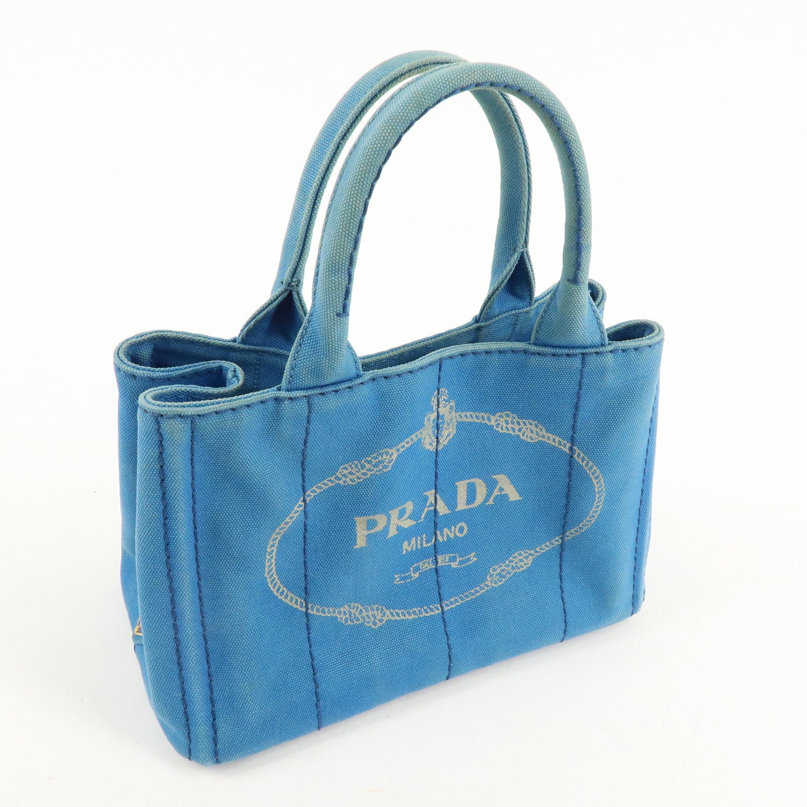 PRADA Logo Canapa Mini Canvas Tote Bag Hand Bag Blue