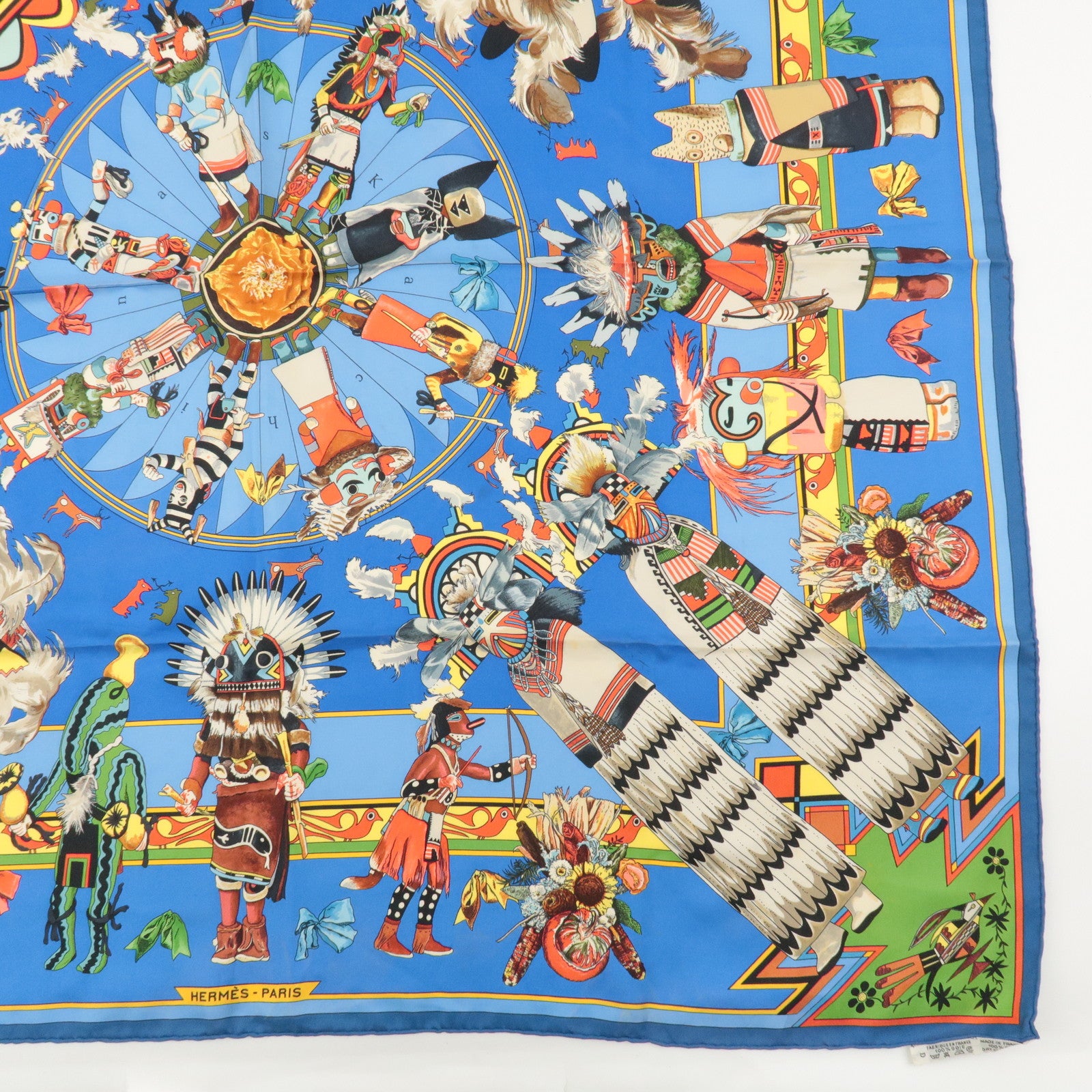 HERMES Carre 90 Silk 100% Scarf Kachinas Kachinas Print Blue