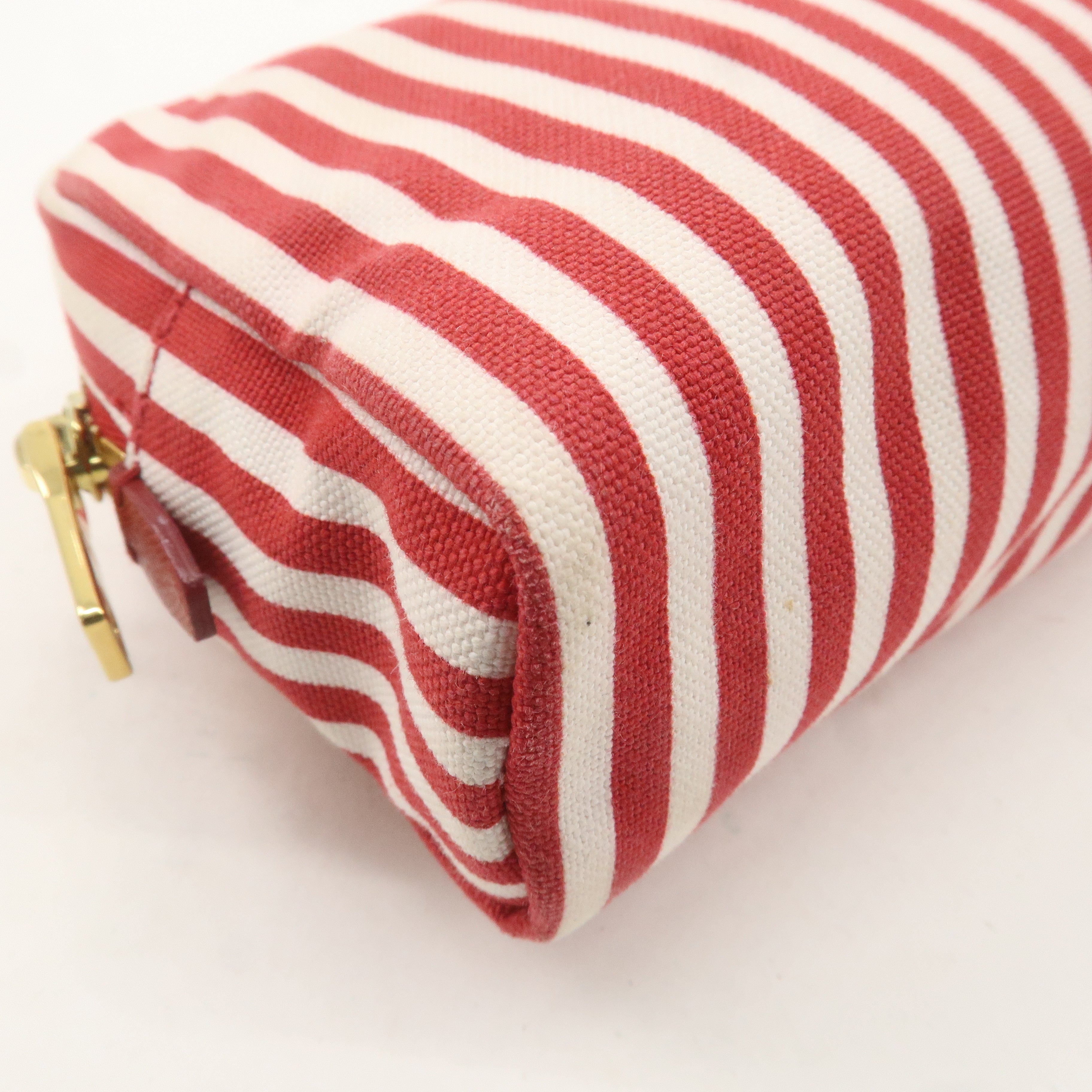 PRADA Logo Canvas Leather Pouch Cosmetic Pouch Stripe Red White