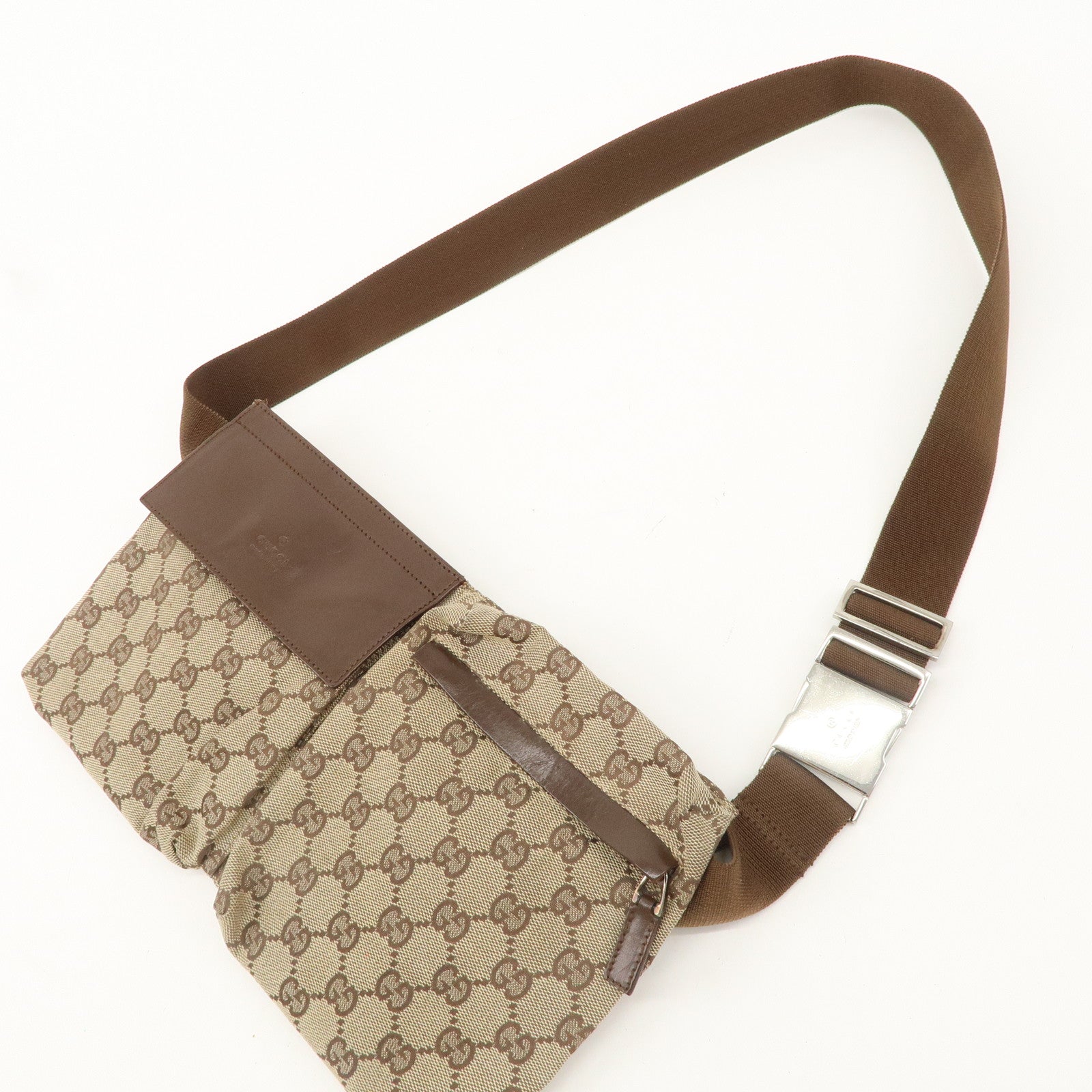 GUCCI GG Canvas Leather Waist Bag Waist Pouch Beige Brown 28566