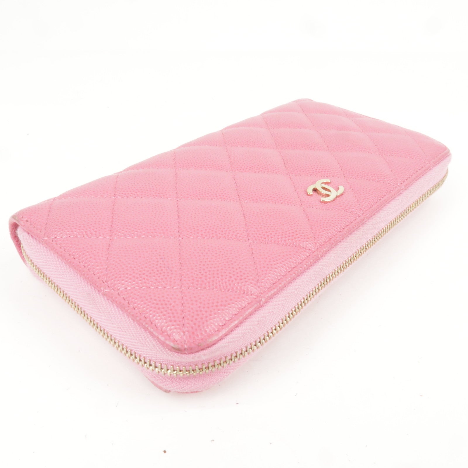 CHANEL Matelasse Caviar Skin Round Zippy Long Wallet Pink AP0242