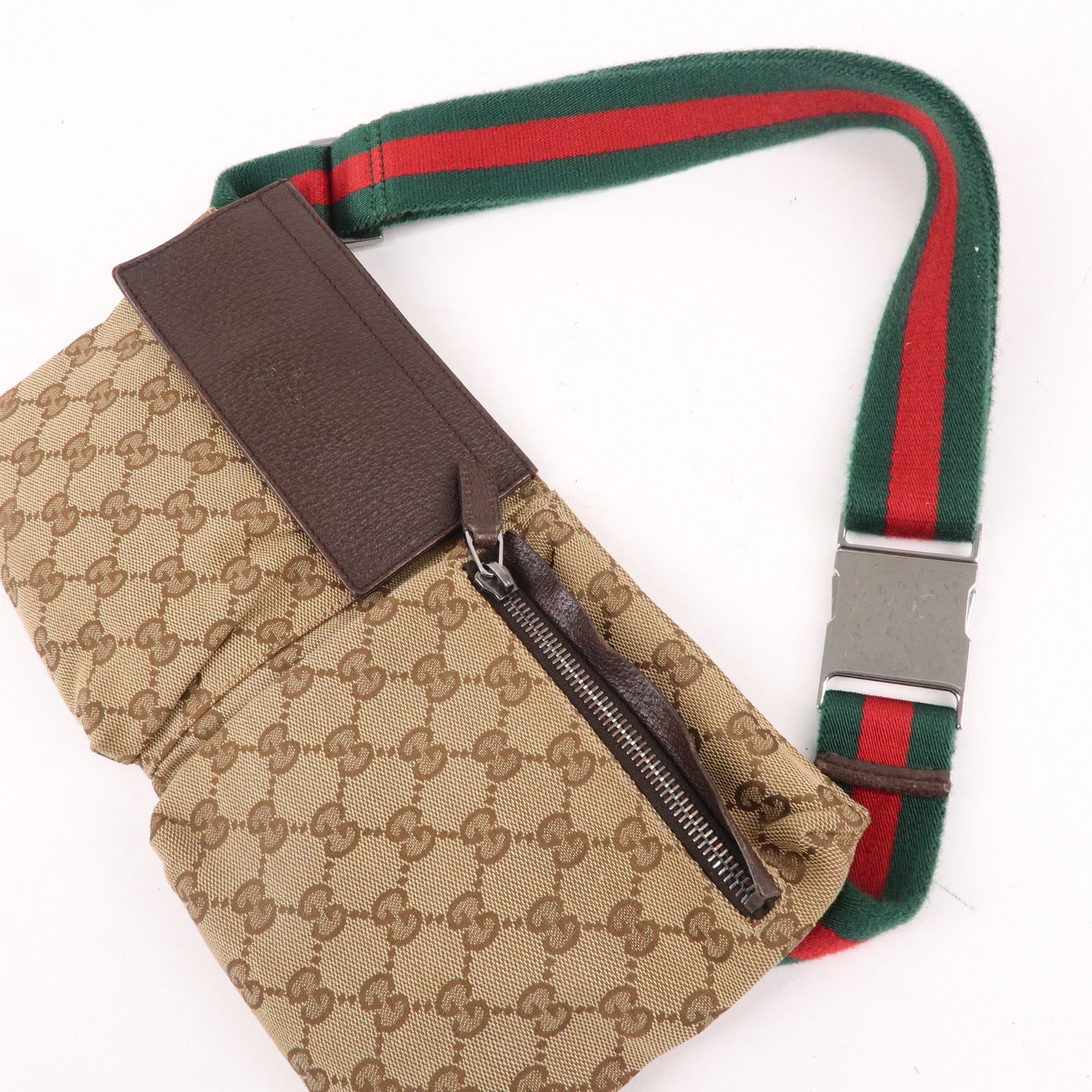 GUCCI Sherry GG Canvas Leather Waist Bag Beige Brown 28566