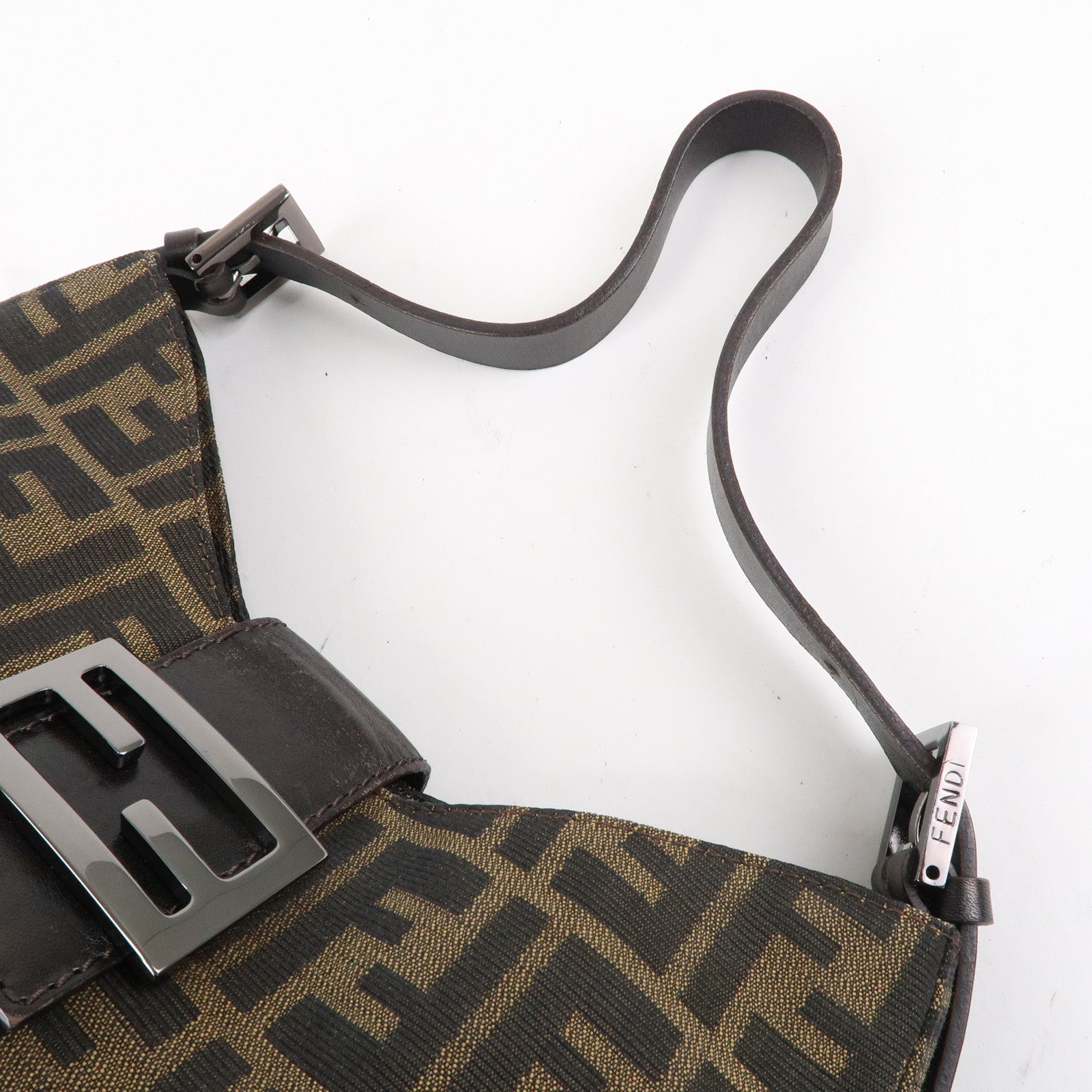 FENDI Zucca Canvas Leather Shoulder Bag Khaki Brown Black 8BR036