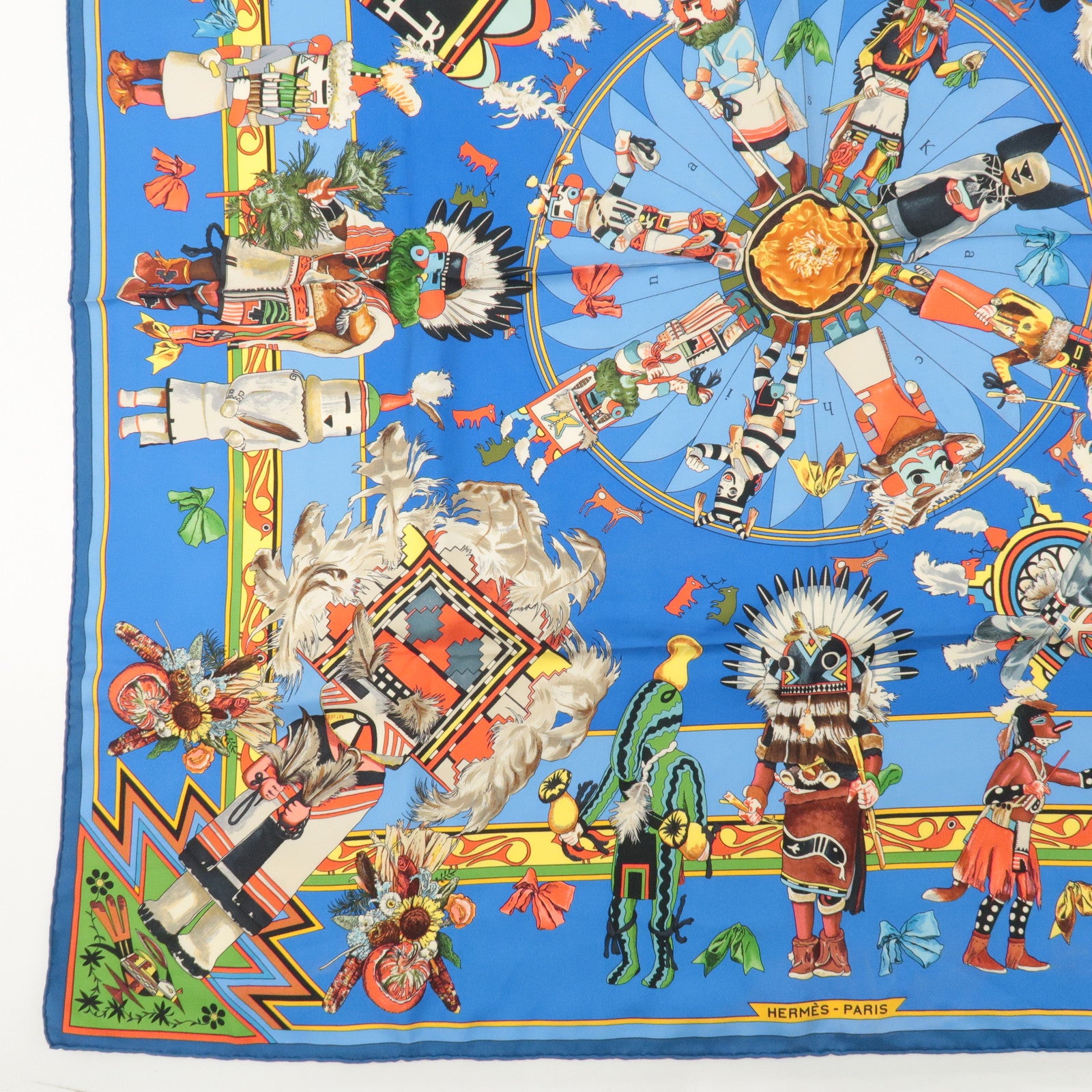 HERMES Carre 90 Silk 100% Scarf Kachinas Kachinas Print Blue