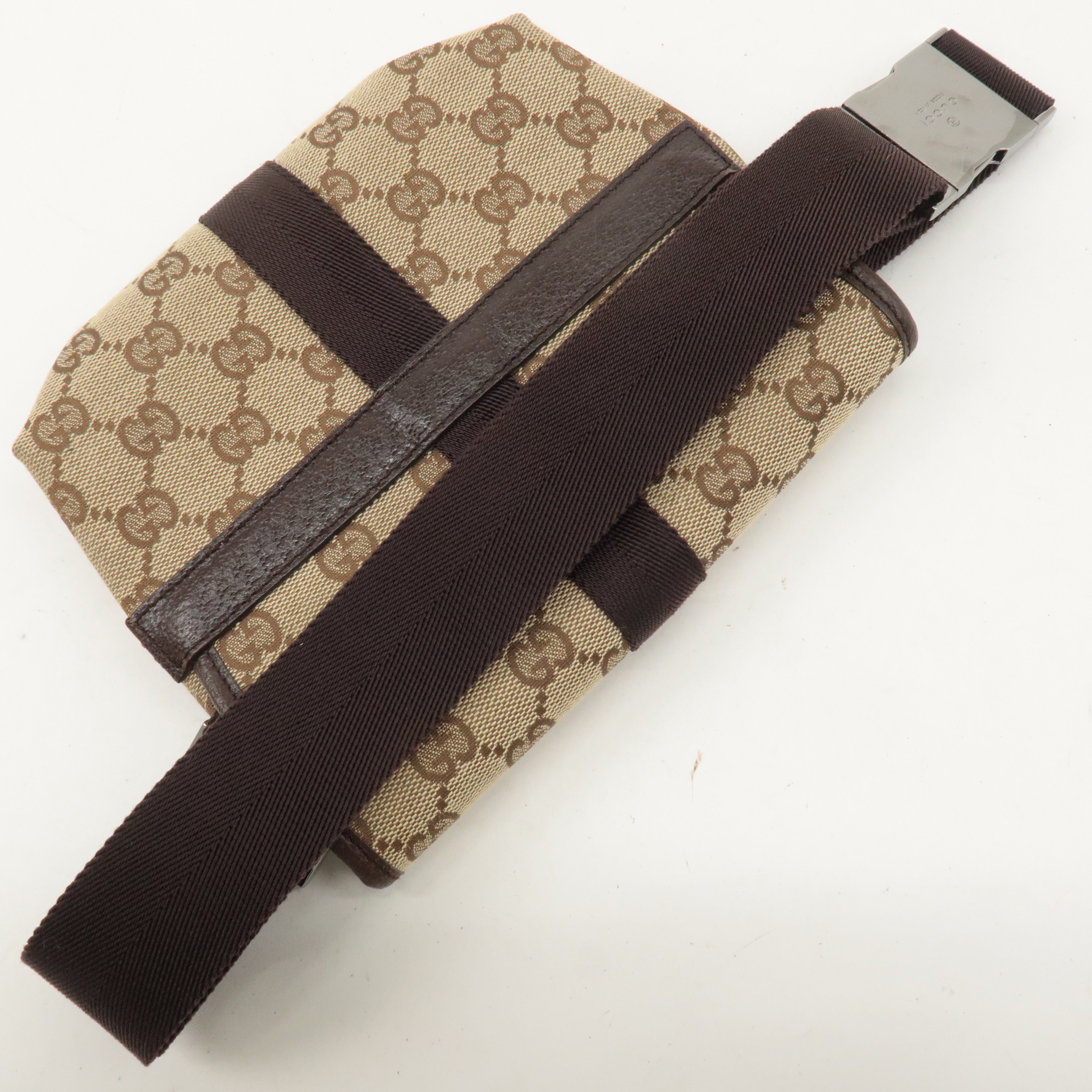 GUCCI GG Canvas Leather Waist Bag Body Bag Beige Brown 121336