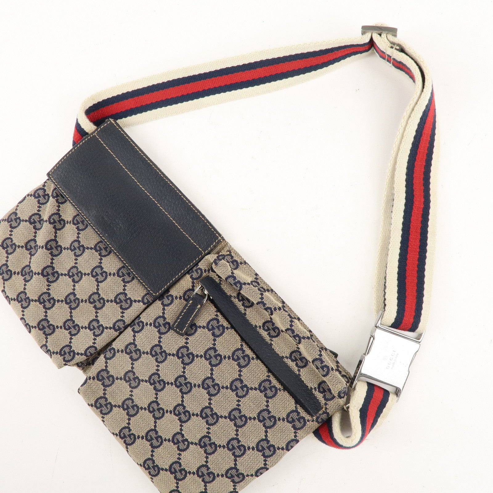 GUCCI Sherry GG Canvas Leather Waist Bag Beige Navy 28566