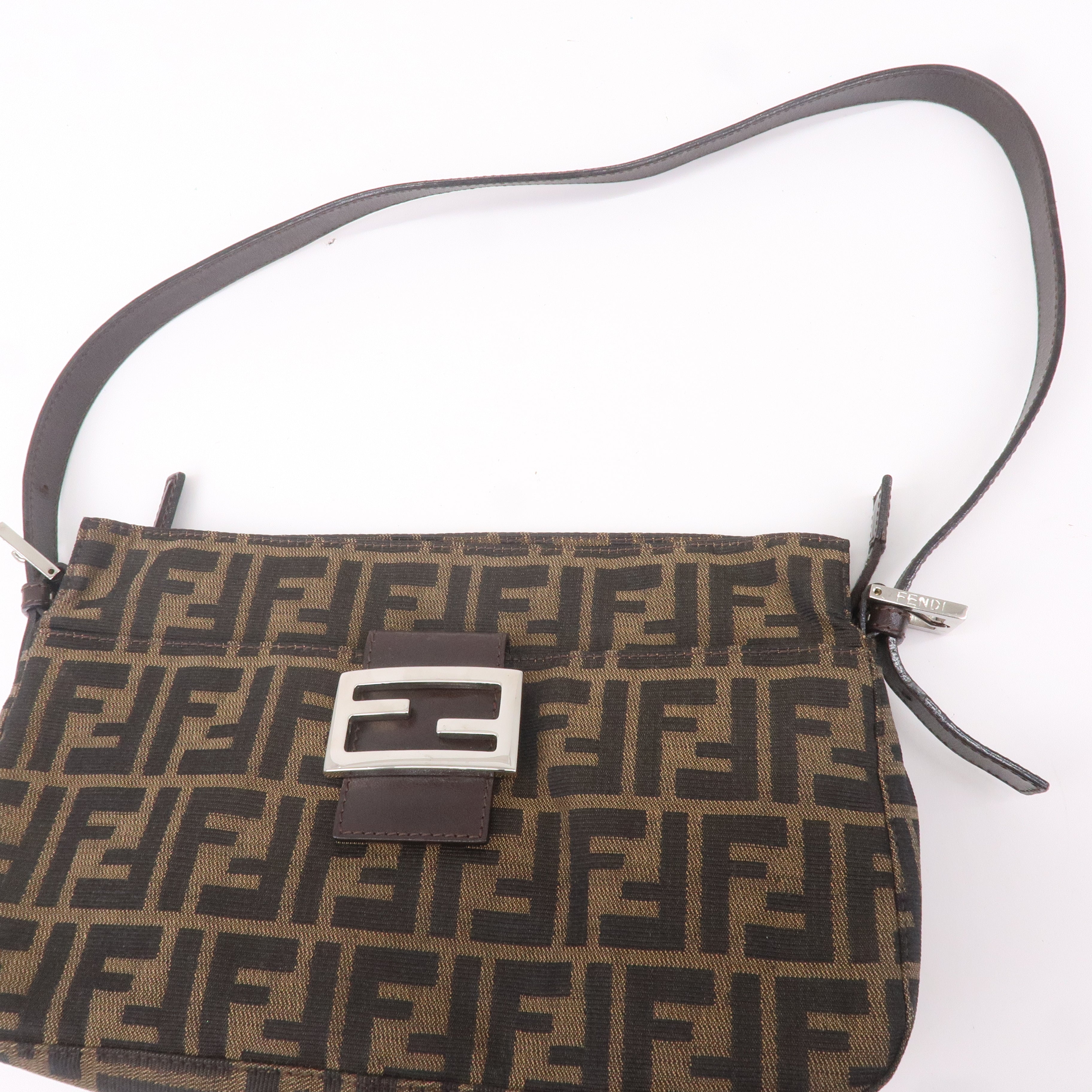 FENDI Zucca Canvas Leather Shoulder Bag Brown Black 26566