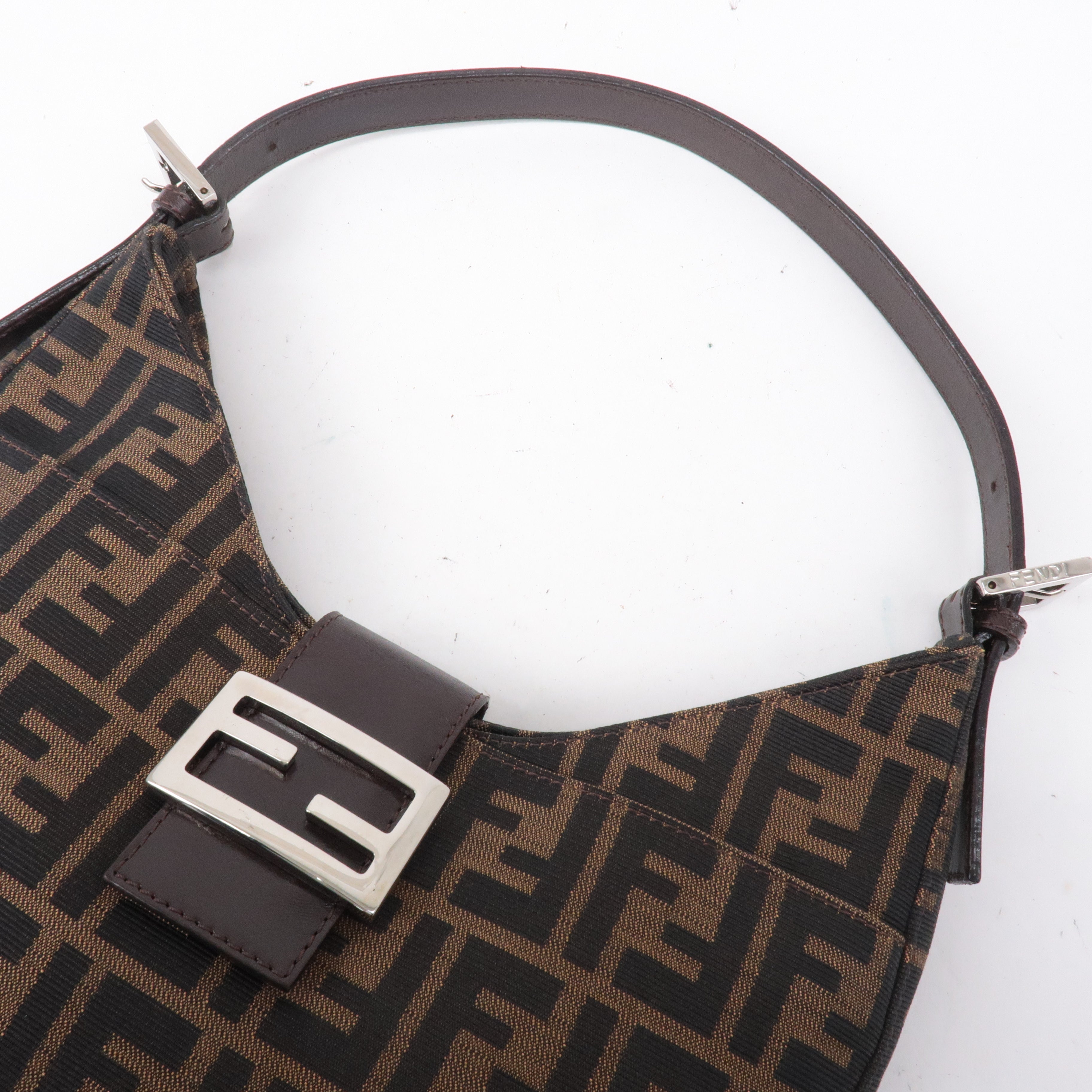 FENDI Zucca Canvas Leather Shoulder Bag Brown Black 26569