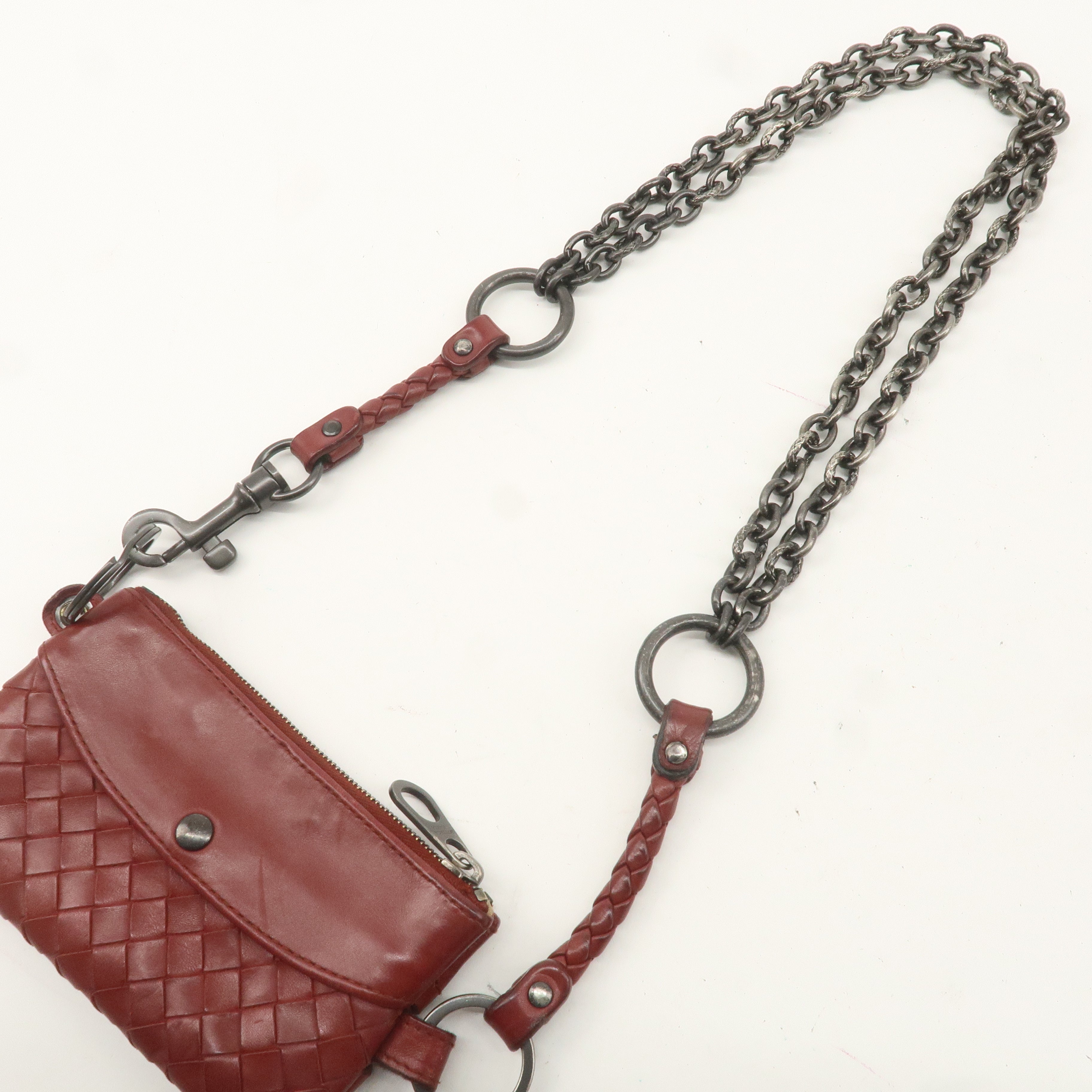 BOTTEGA VENETA Intrecciato Leather Chain Coin Case Pouch Red