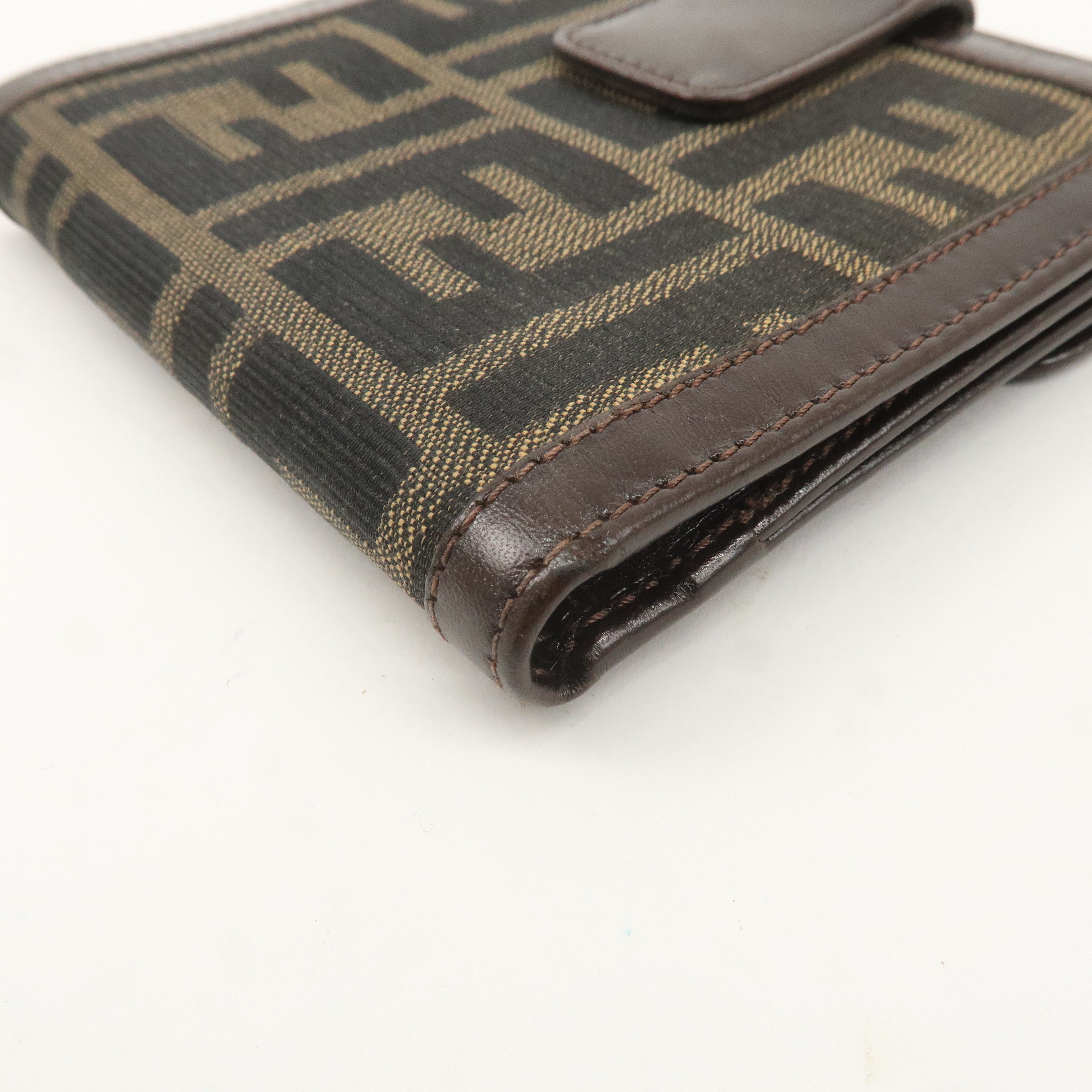 FENDI Zucca Canvas Leather W Hook Bi-fold Wallet Brown Black 1695