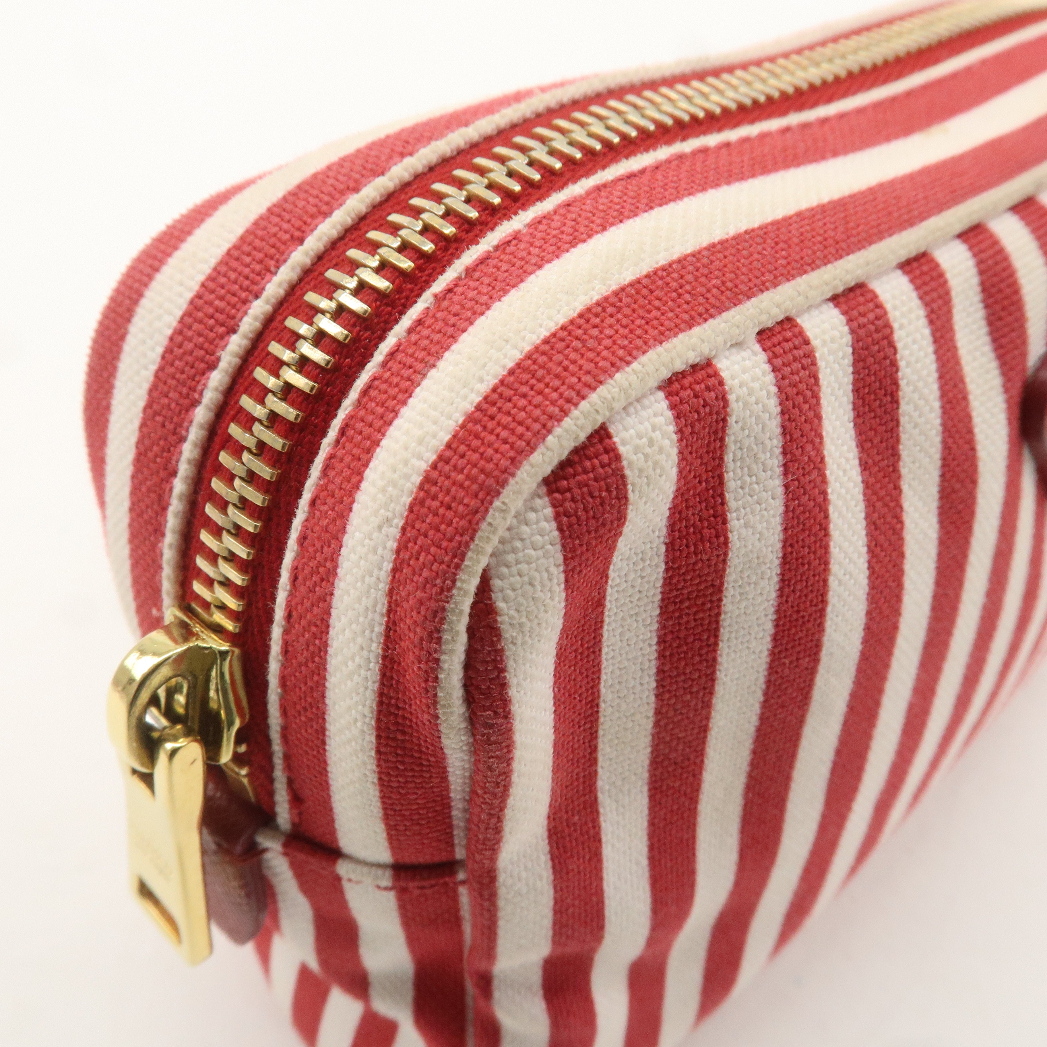 PRADA Logo Canvas Leather Pouch Cosmetic Pouch Stripe Red White