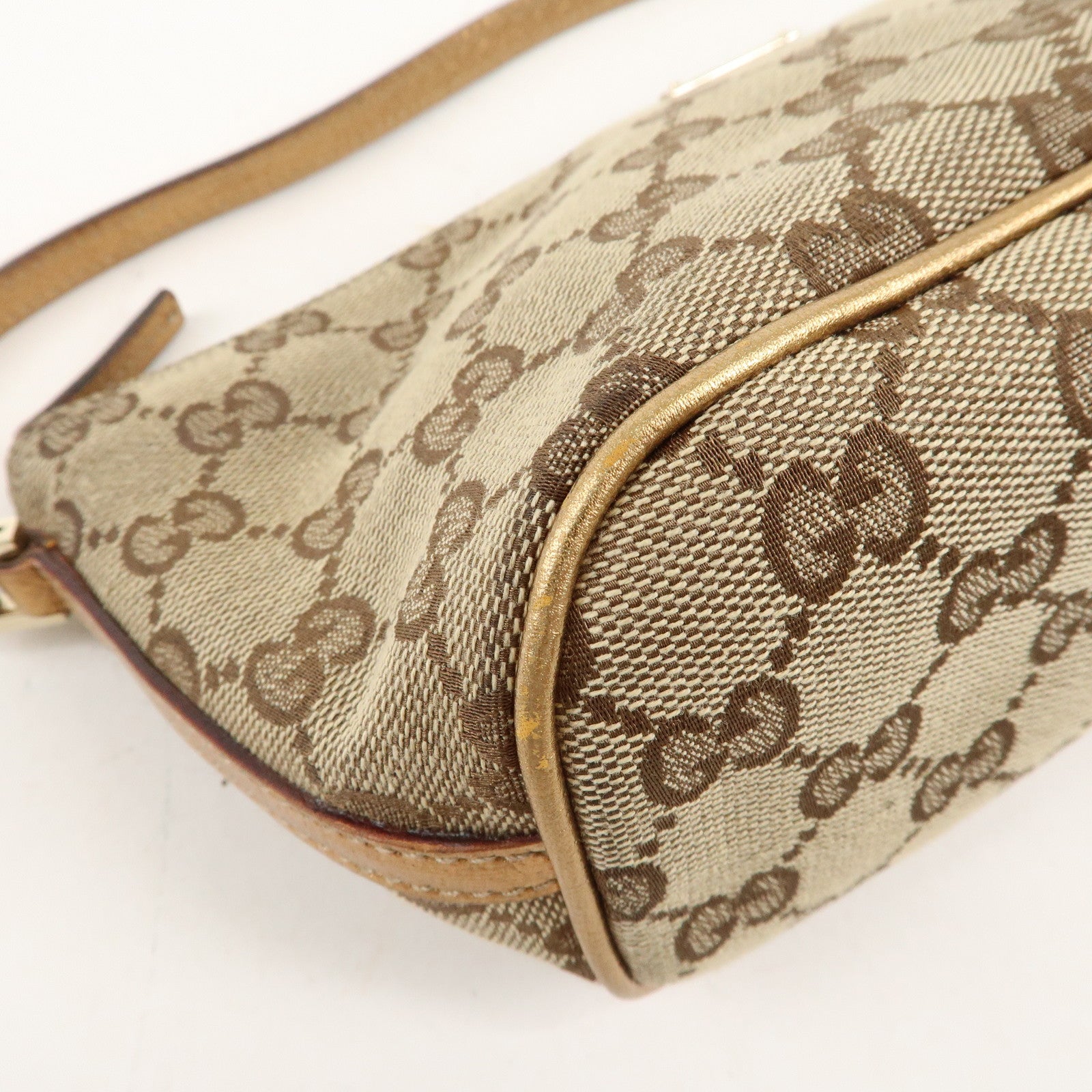 GUCCI Boat Bag GG Canvas Leather Hand Bag Pouch Beige Gold 7198