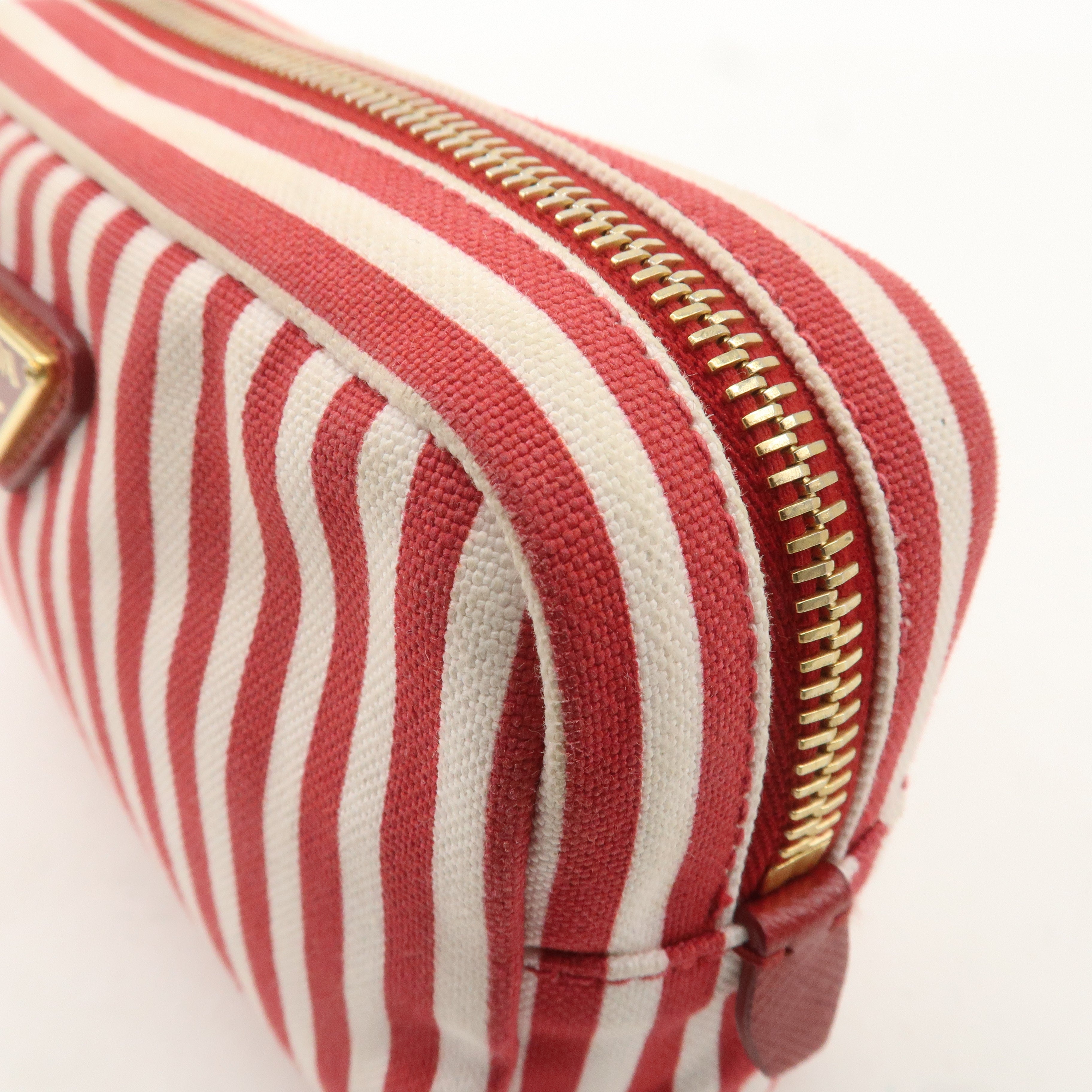 PRADA Logo Canvas Leather Pouch Cosmetic Pouch Stripe Red White