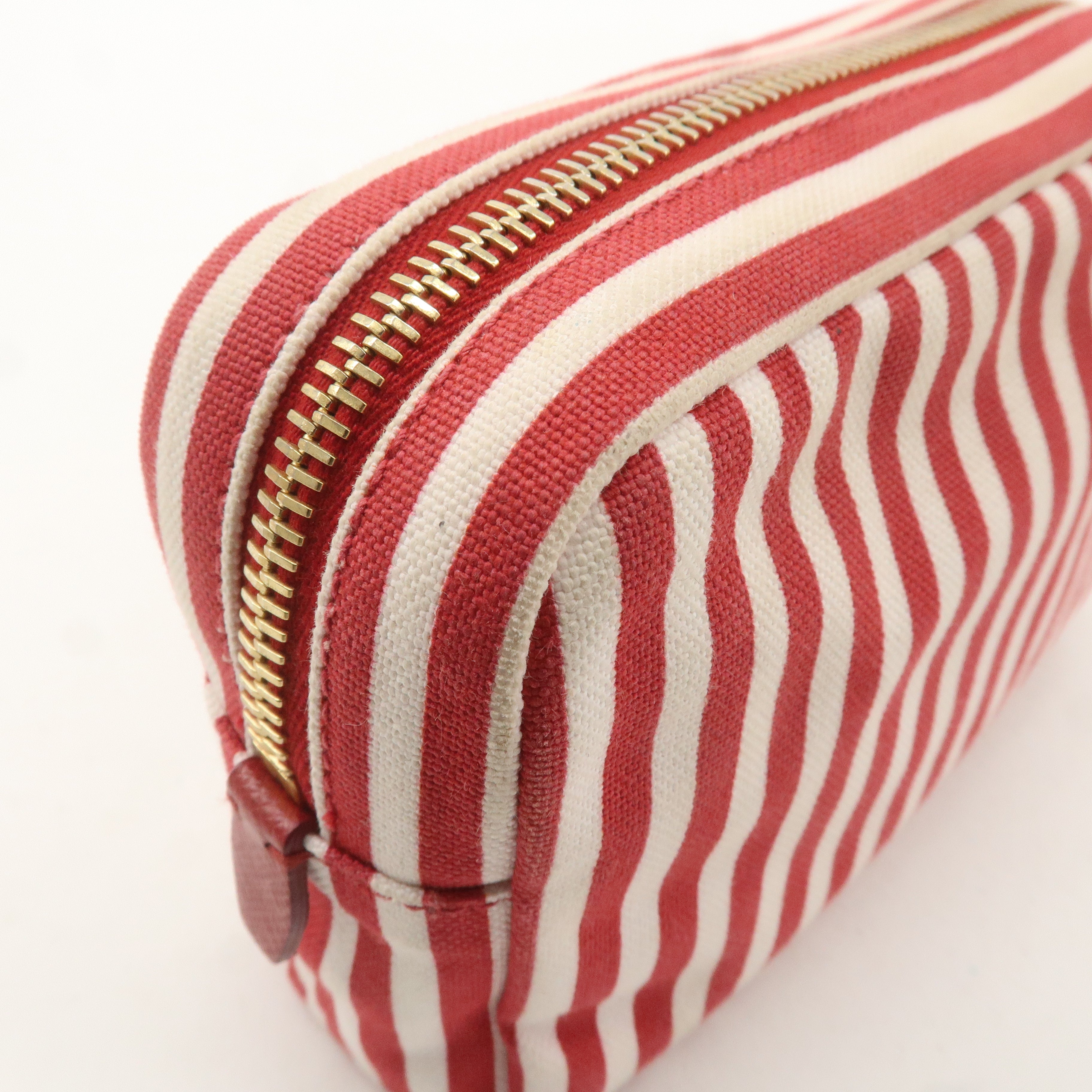 PRADA Logo Canvas Leather Pouch Cosmetic Pouch Stripe Red White