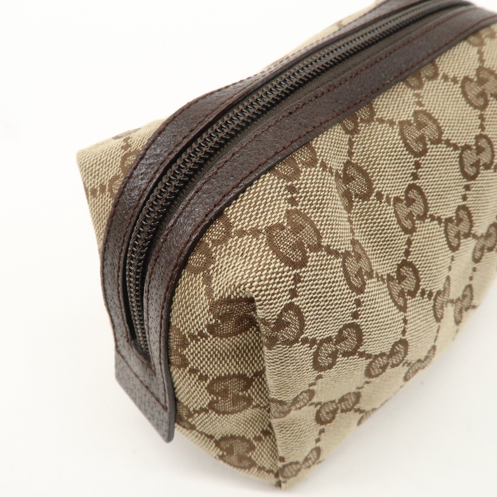 GUCCI GG Canvas Leather Cosmetic Pouch Beige Brown 29595