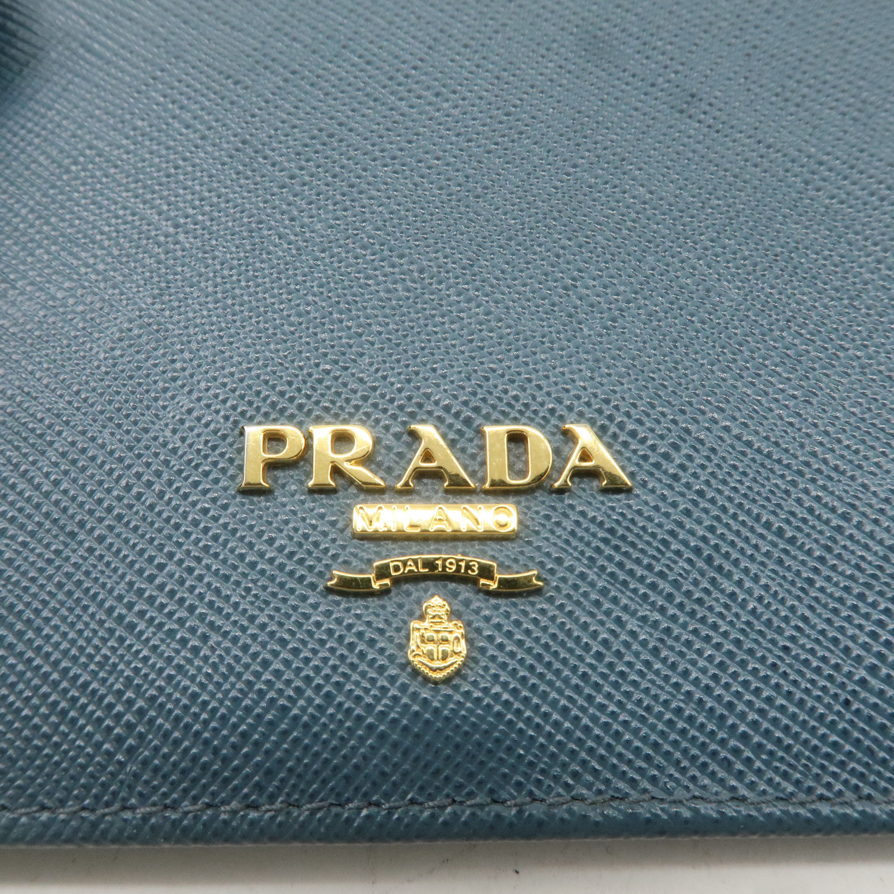 PRADA Logo Safiano Leather Folded Bi-Fold Wallet Blue 1MV204