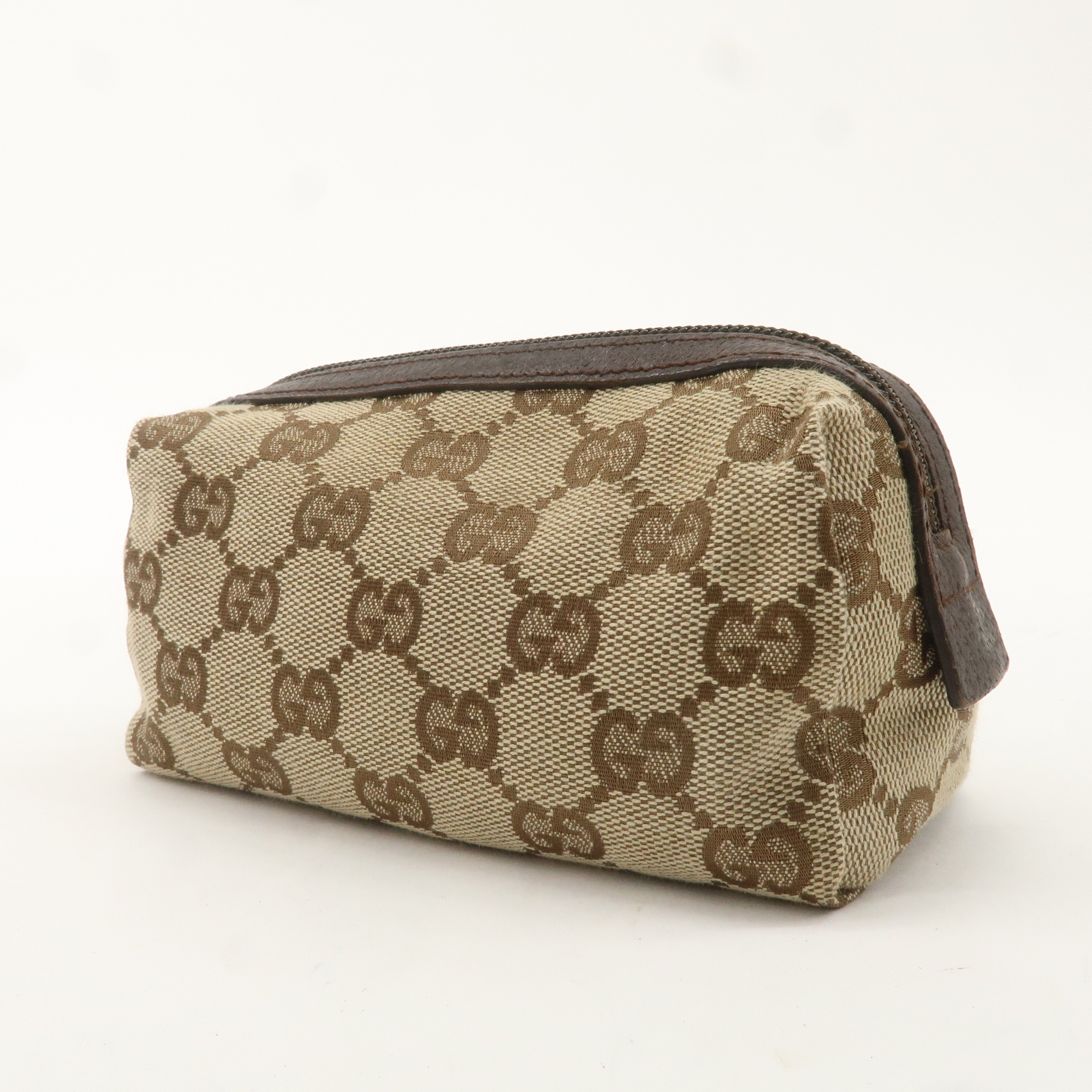 GUCCI Set of 2 GG Canvas Leather Cosmetic Pouch Beige Brown 29596