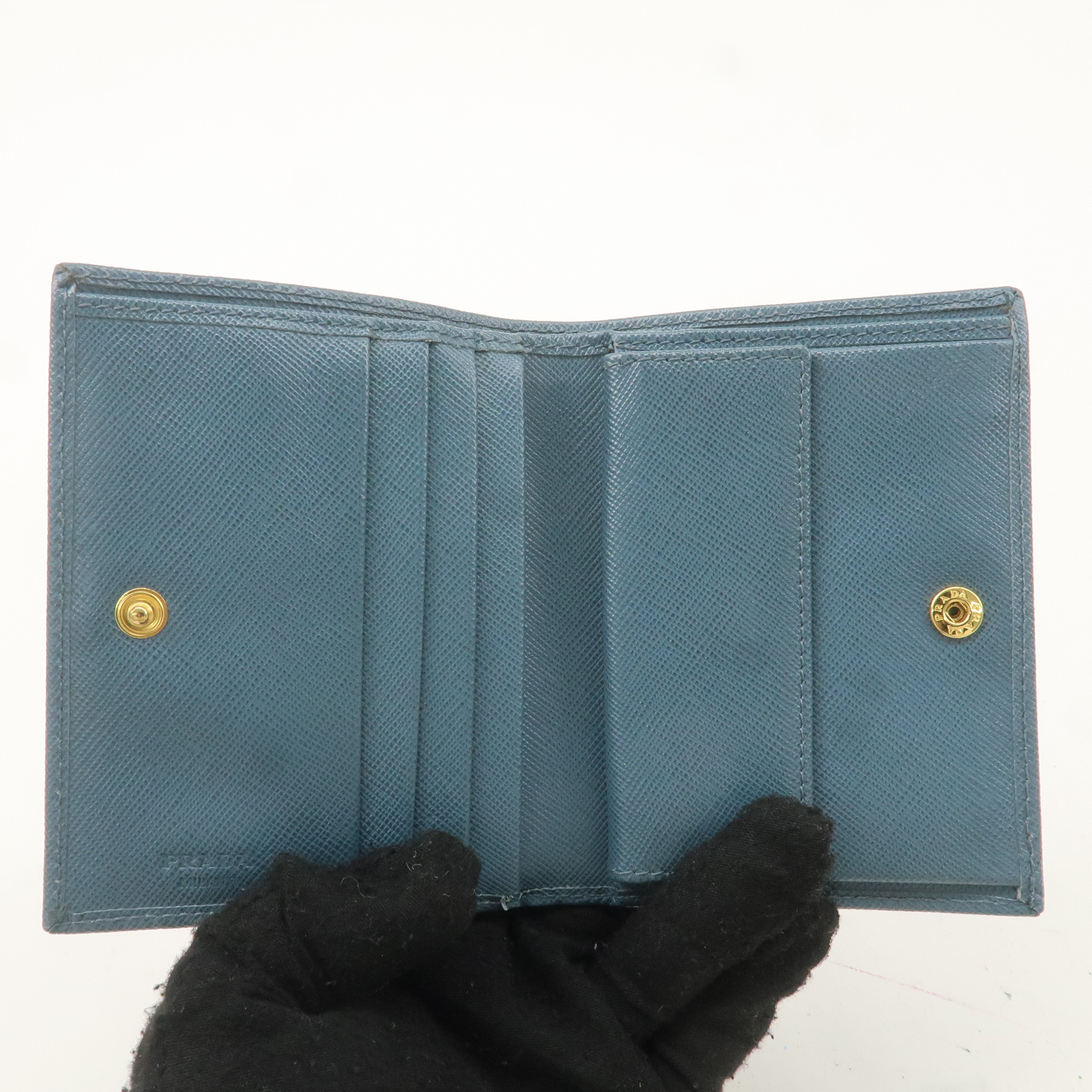 PRADA Logo Safiano Leather Folded Bi-Fold Wallet Blue 1MV204