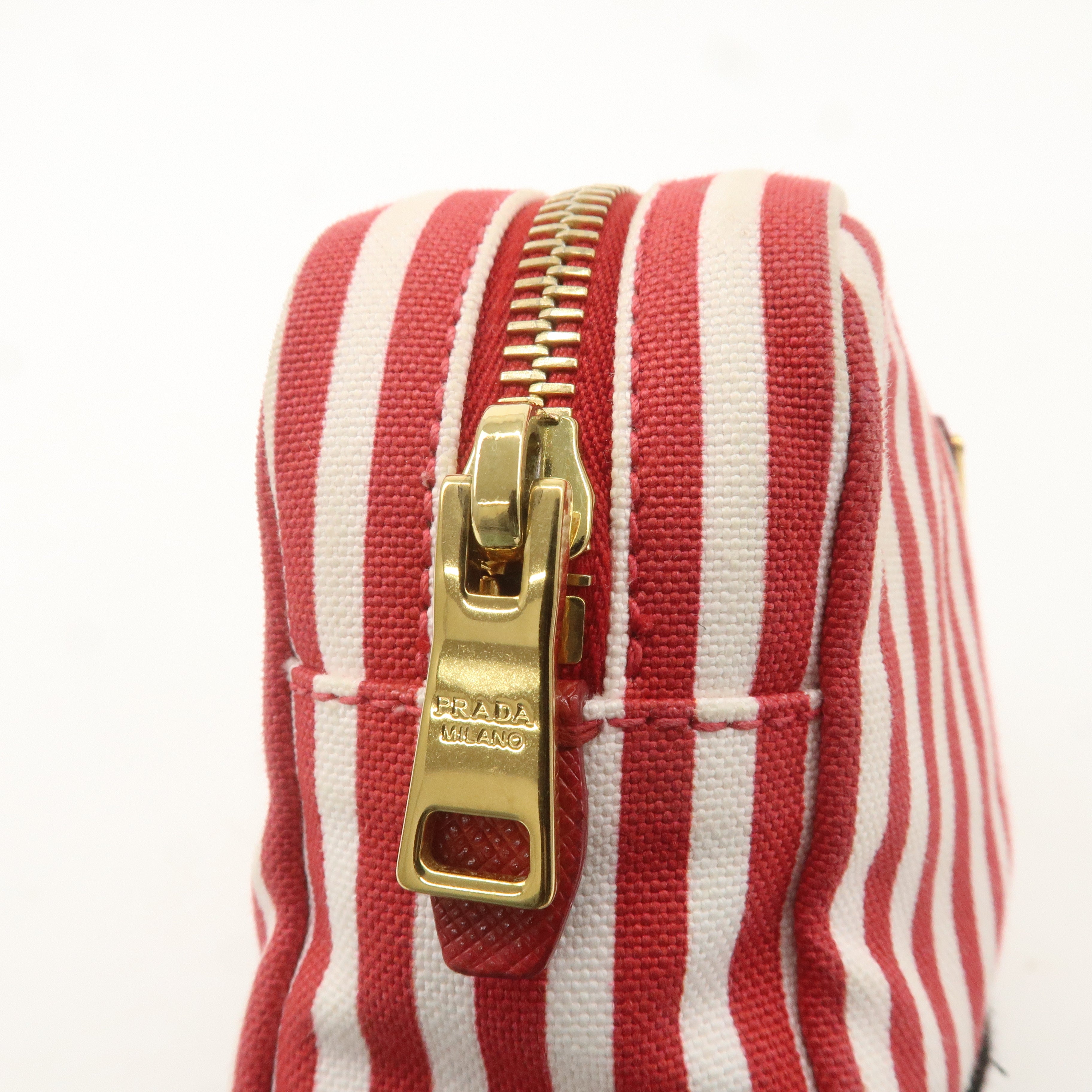 PRADA Logo Canvas Leather Pouch Cosmetic Pouch Stripe Red White