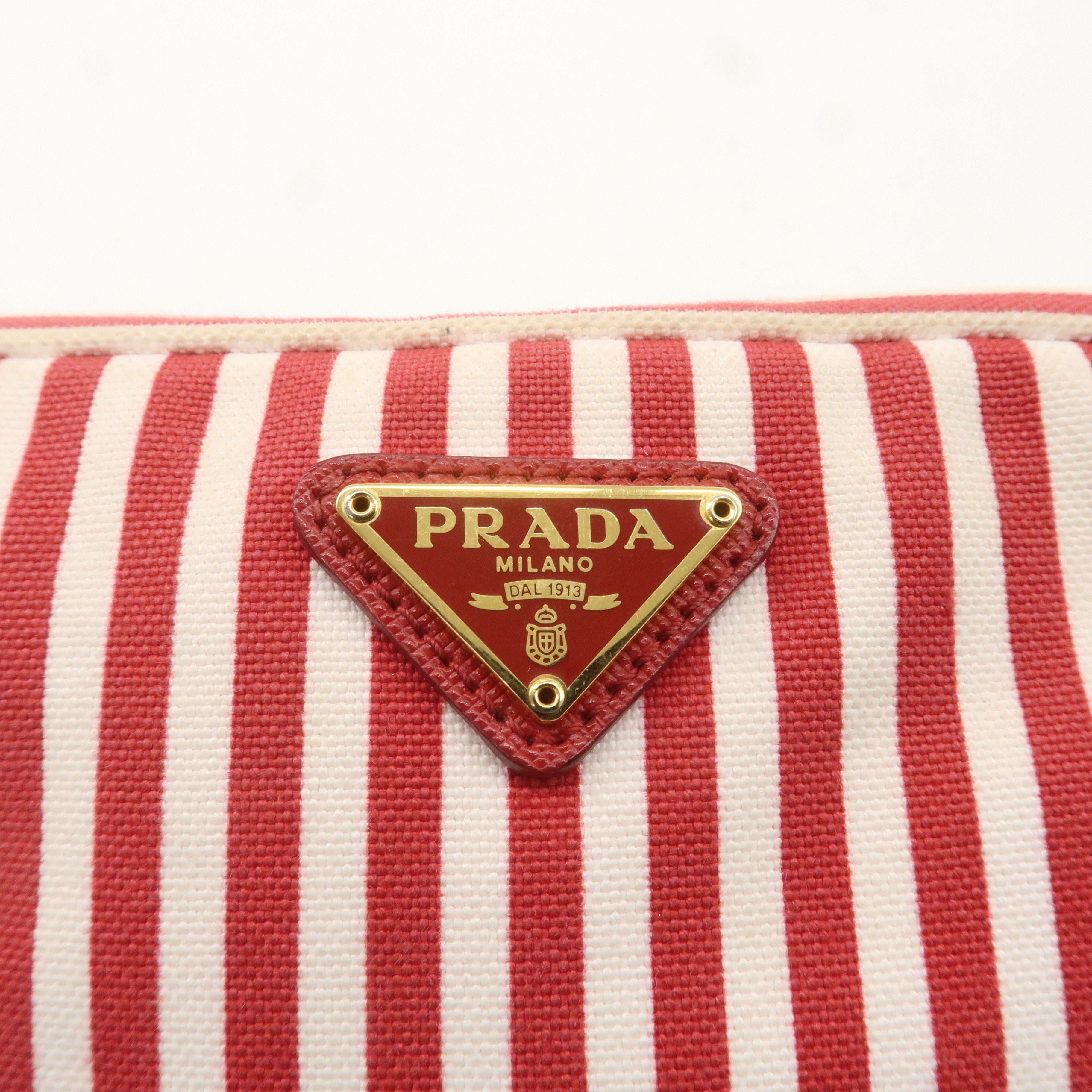 PRADA Logo Canvas Leather Pouch Cosmetic Pouch Stripe Red White