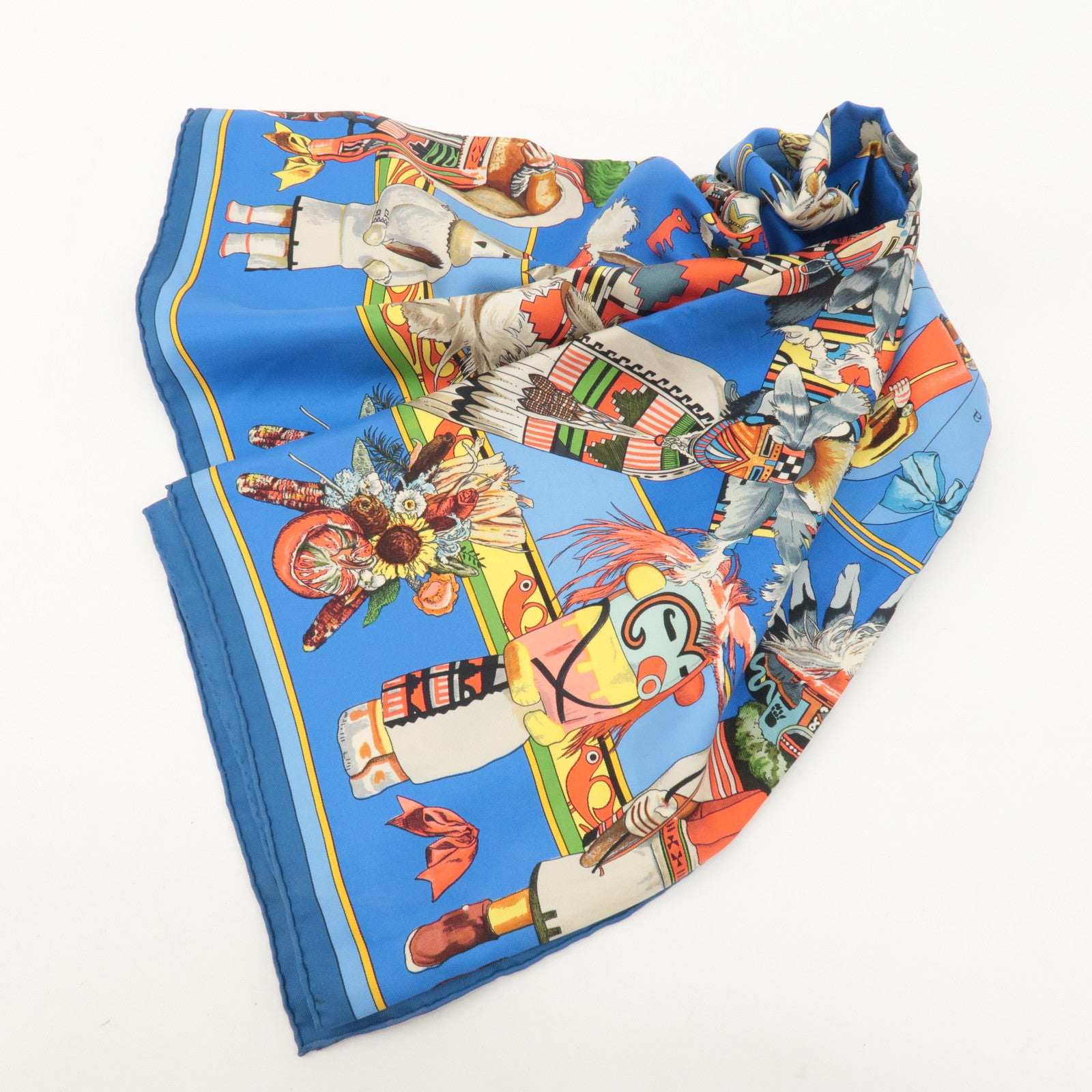 HERMES Carre 90 Silk 100% Scarf Kachinas Kachinas Print Blue