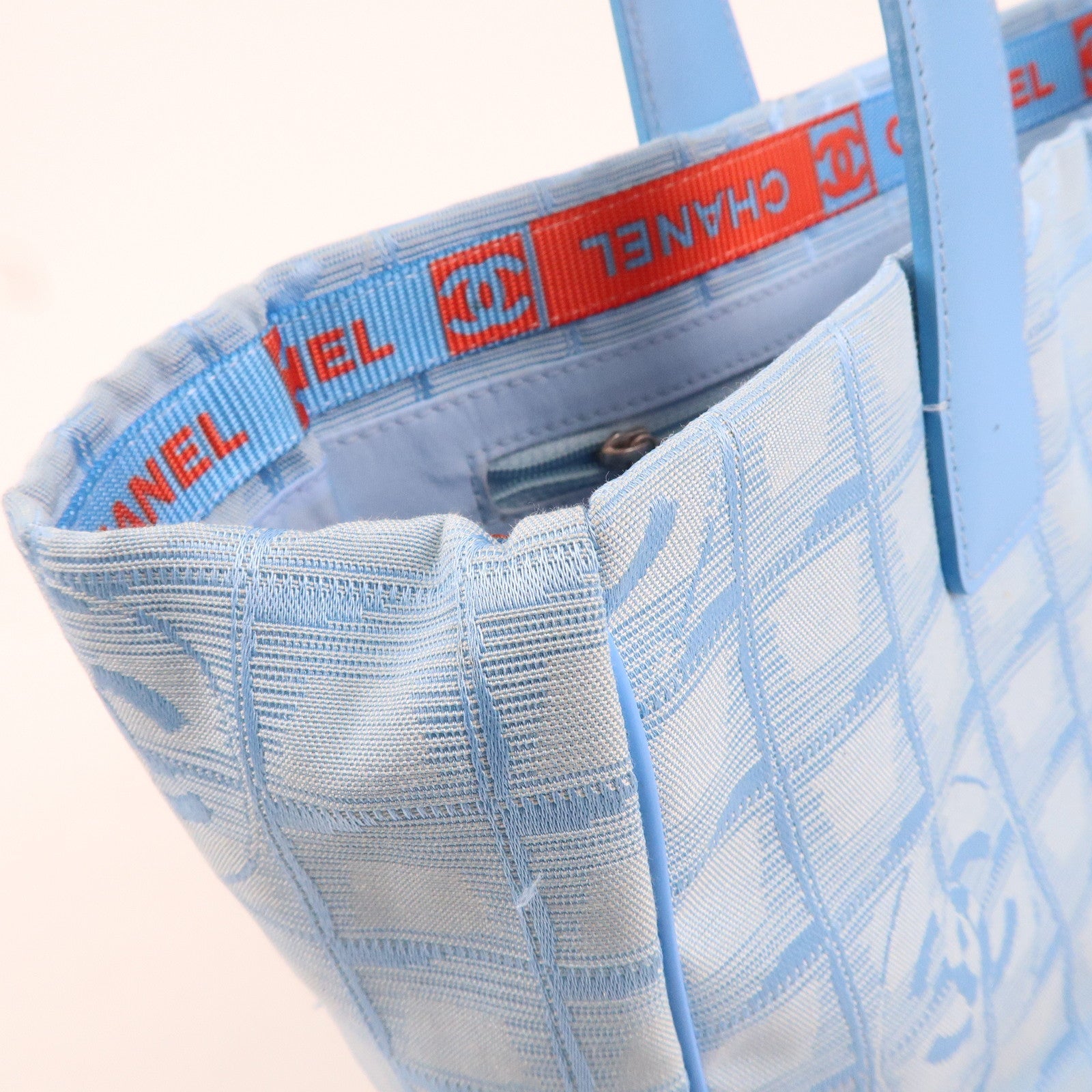 CHANEL New Travel Line MM Nylon Jacquard Leather Tote Light Blue