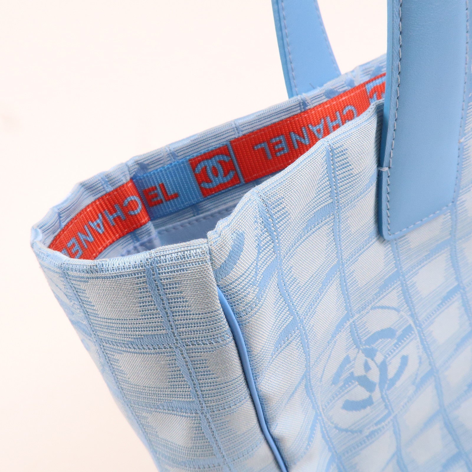 CHANEL New Travel Line MM Nylon Jacquard Leather Tote Light Blue