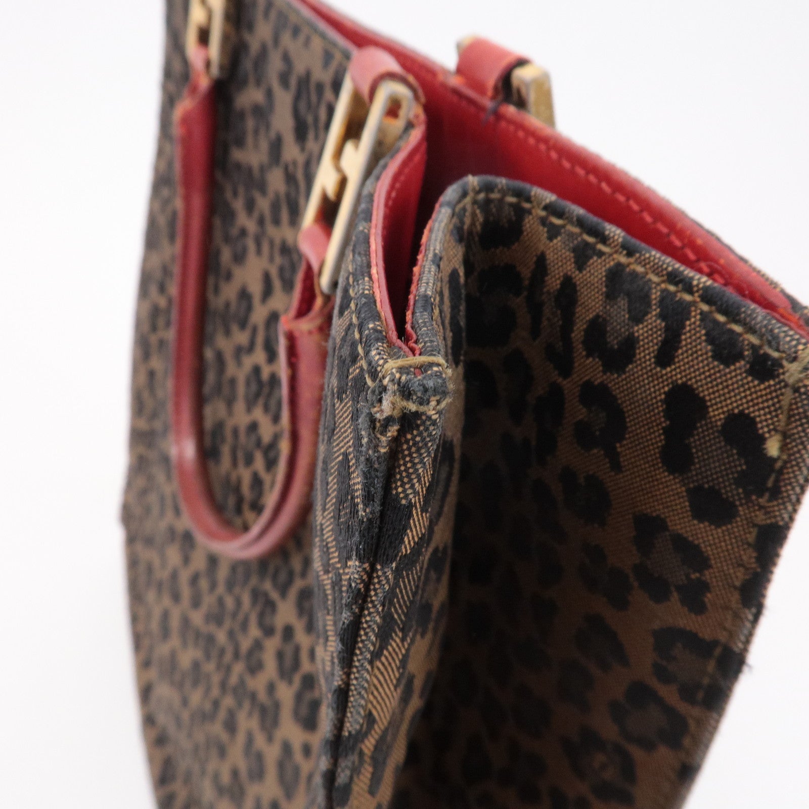 FENDI Canvas Leather Leopard Tote Bag Hand Bag Brown Red