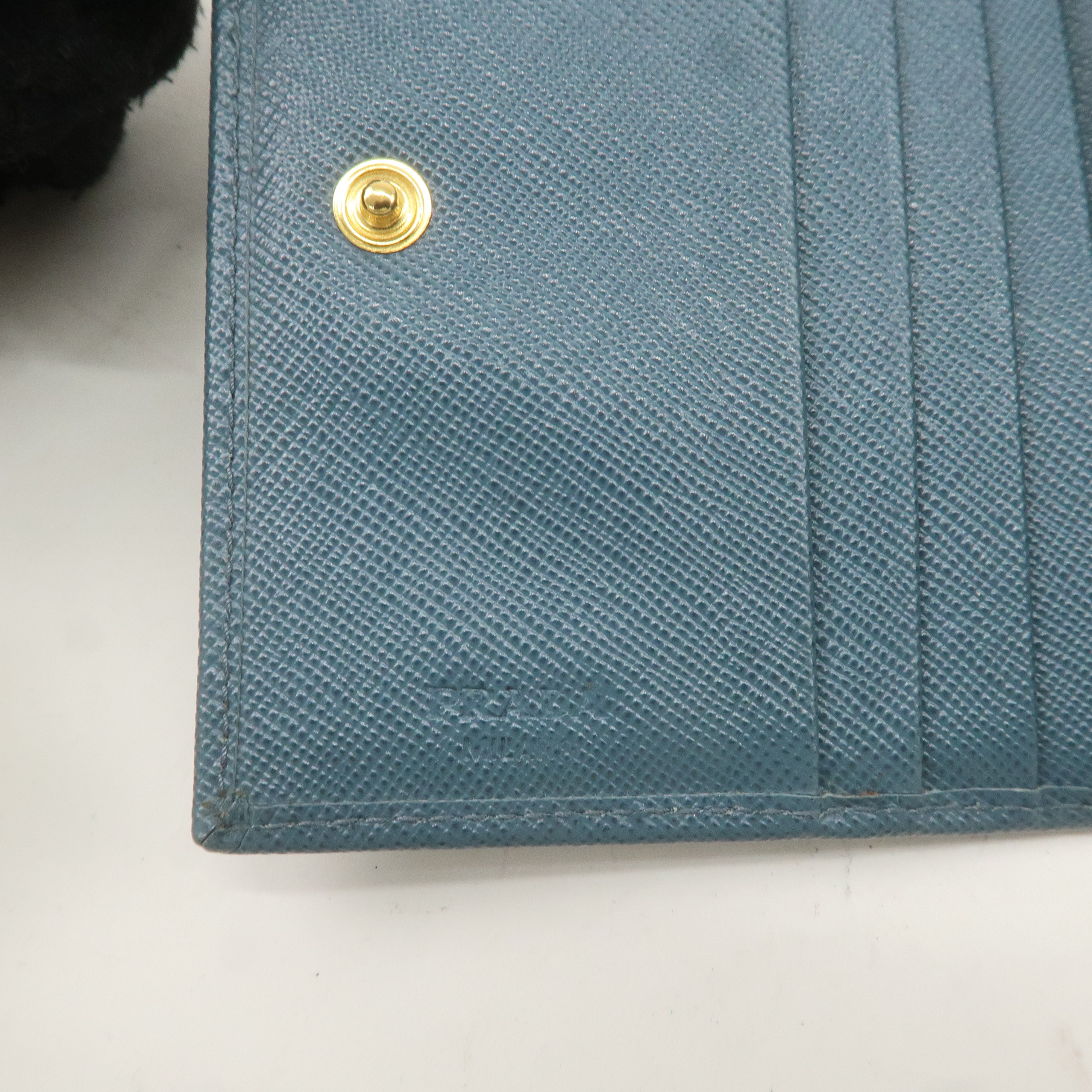 PRADA Logo Safiano Leather Folded Bi-Fold Wallet Blue 1MV204