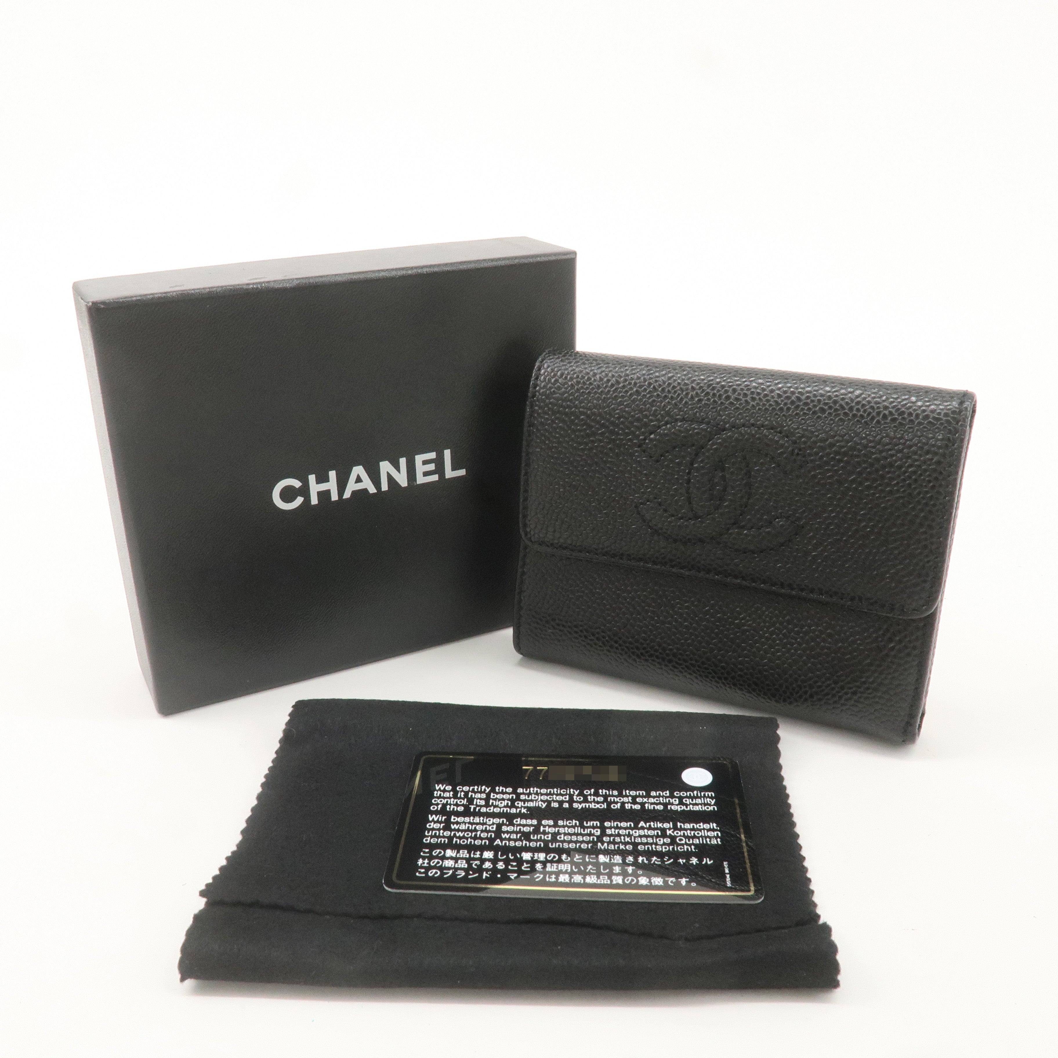 CHANEL Caviar Skin Coco Mark Tri-fold Wallet Black A13226